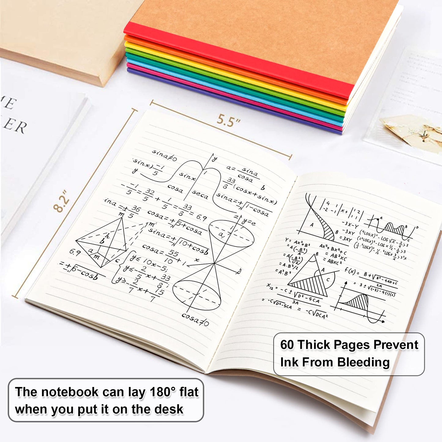 feela 56 Pack Composition Notebooks Bulk, Kraft Cover Lined Blank College Ruled Composition Travel Journals with Rainbow Spines For Women Students Business, 60 Pages, 8.3”x 5.5”, A5, 8 Colors