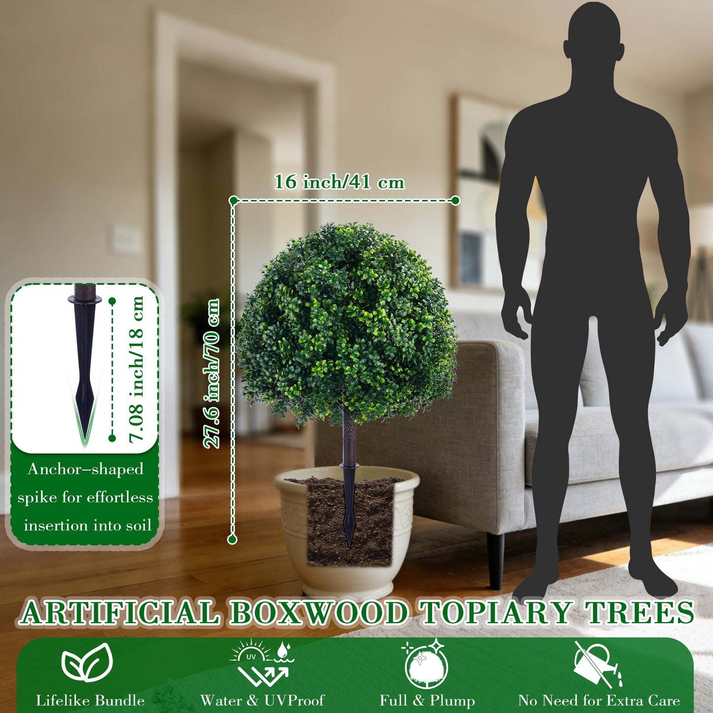 FONYICK 28 Inch Artificial Boxwood Trees, 2 Sets Faux Boxwood Topiary with Spikes, Pot Filler Fake Shrubs Plants for Outdoor Planters, Round Topiary Bush Balls Front Porch Home Garden Spring Decor