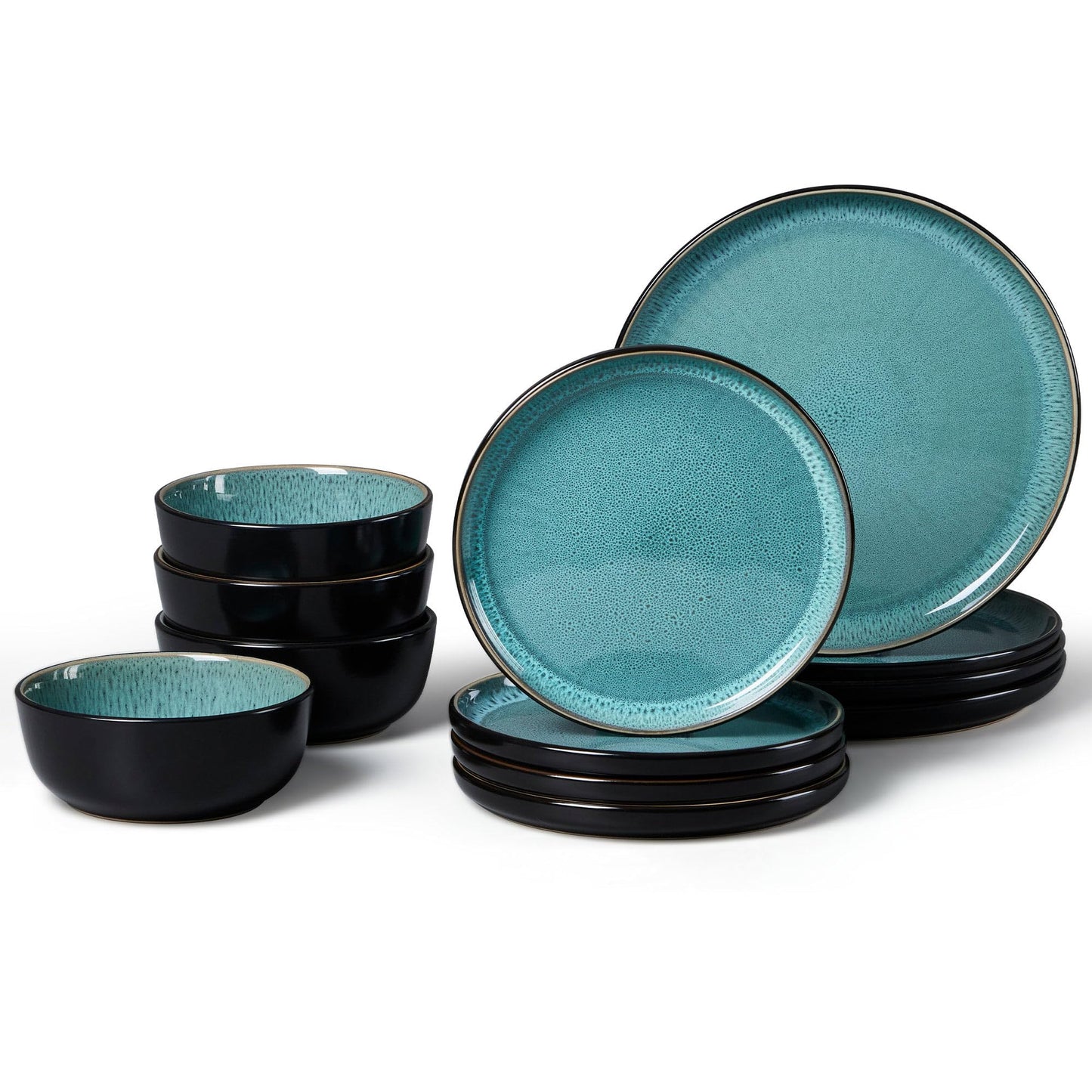 LIANYU Ceramic Dinnerware Sets for 4, 12 Piece Porcelain Stoneware Plates and Bowls, Scratch Resistant Round Kitchen Dishes Set, Dishwasher and Microwave Safe Dinning Ware Set, Pastel Turquoise