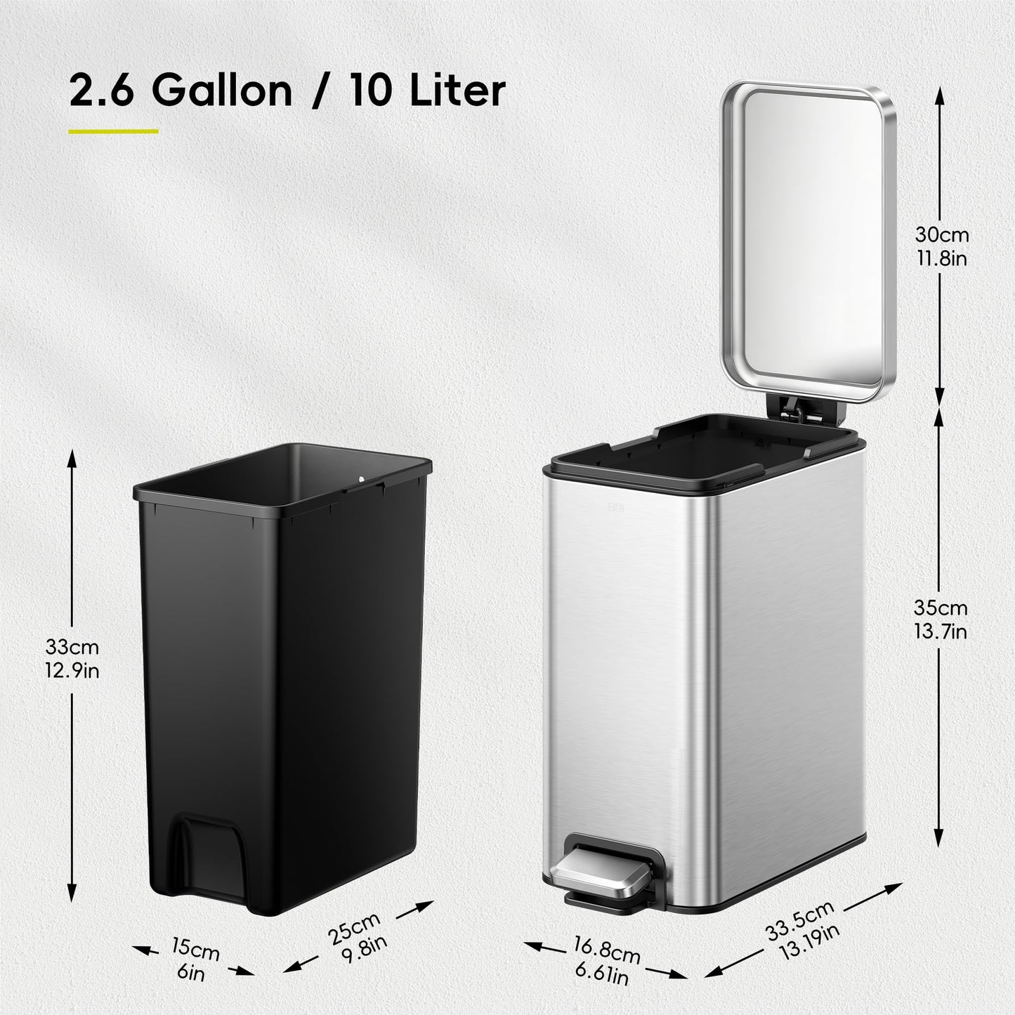 EKO Small Bathroom Trash Can with Lid Soft Close, Step Pedal, 10 Liter / 2.6 Gallon Stainless Steel Garbage Can with Removable Inner Bucket, Anti-Fingerprint Finish (Silver)