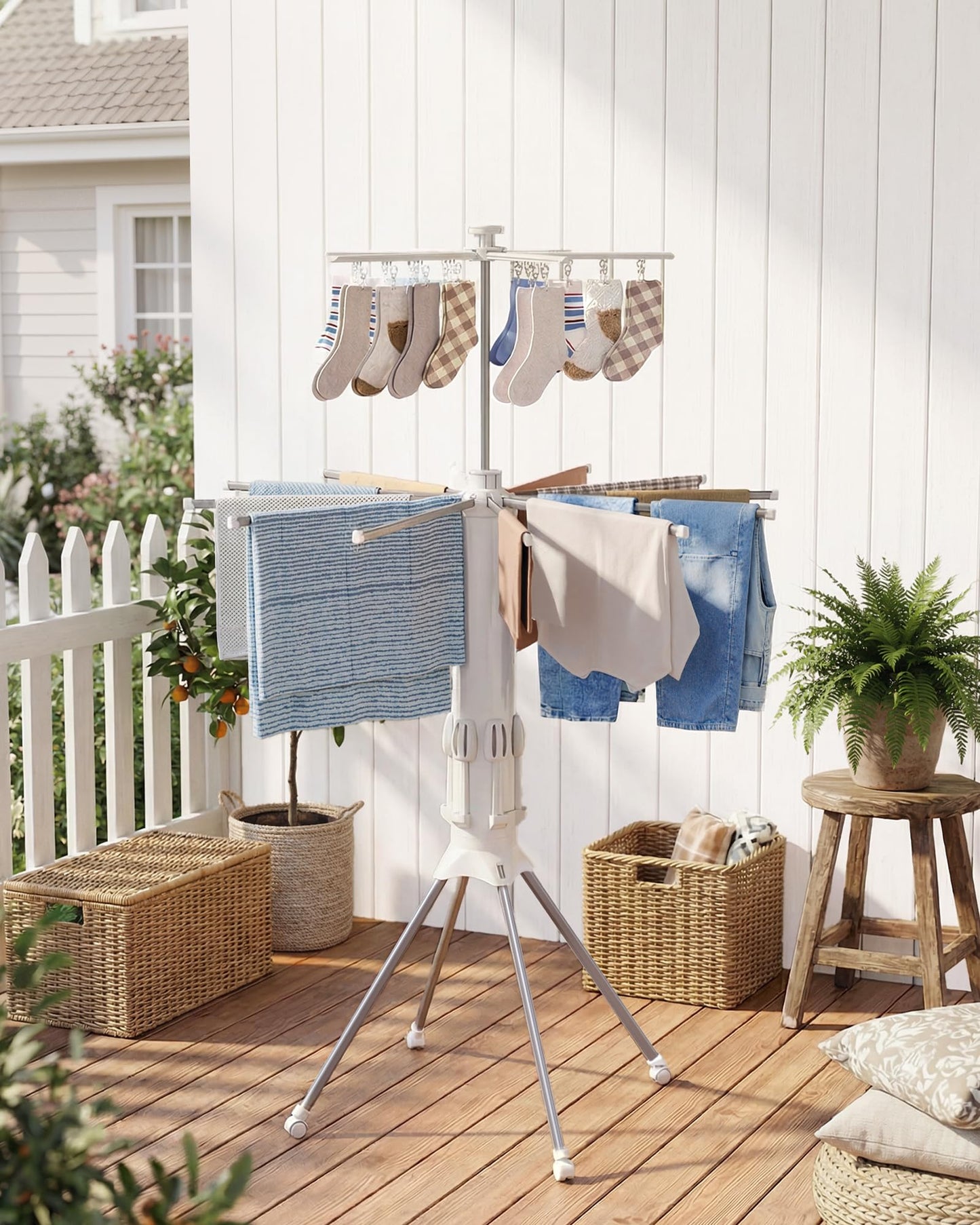 Sakugi Foldable Clothes Drying Rack – Collapsible Laundry Rack with 12 Steel Arms, 4-Leg Stable Base, Reinforced Frame with Clips & Shoe Holders for Indoor Outdoor Use, 44" D x 44" W x 71" H, White