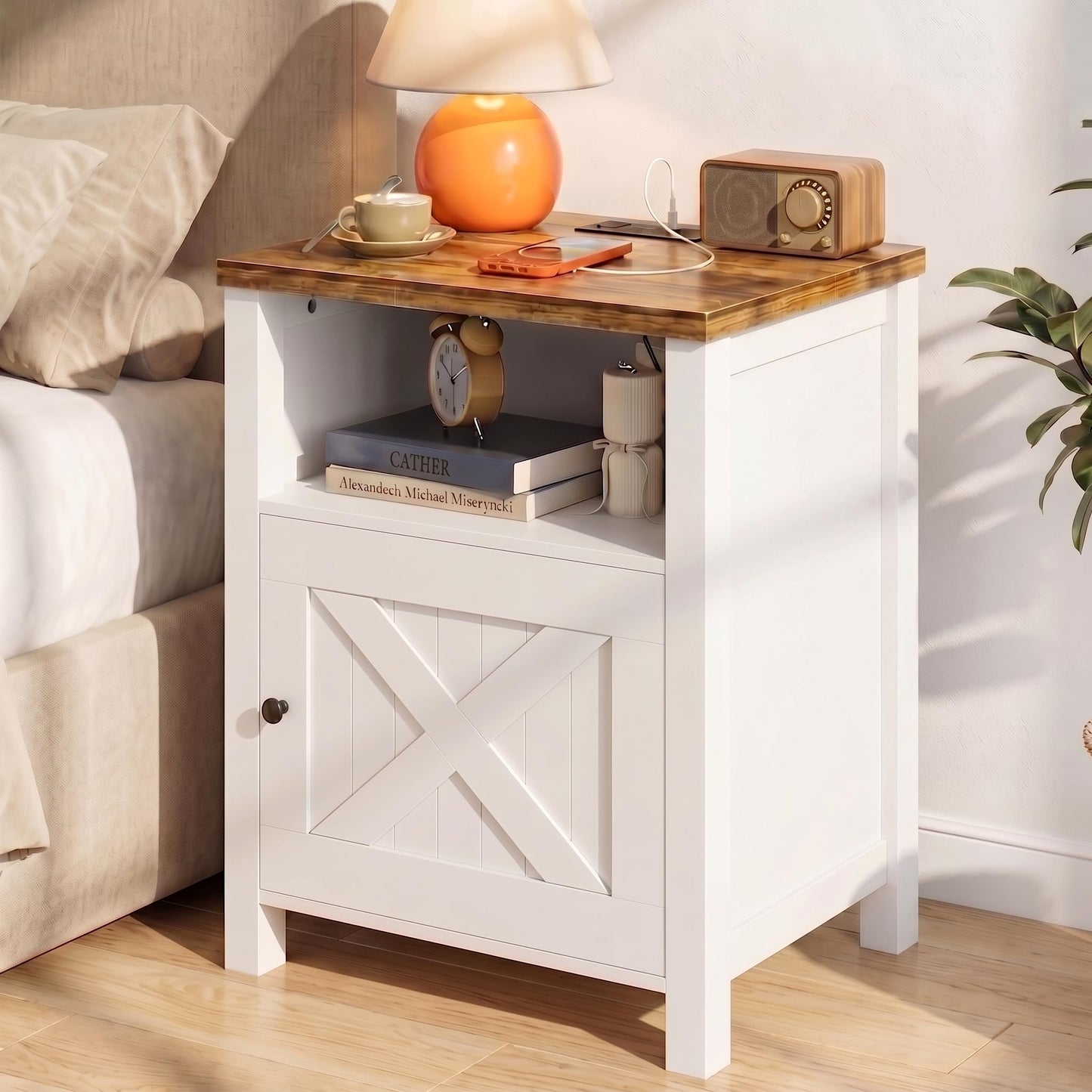 Marsail Farmhouse Nightstand, Wood Bedside Table with Charging Station, Night Stand with Shelf and Doors, End Table with Storage Side Table for Bedroom, White & Brown (1 Pack)