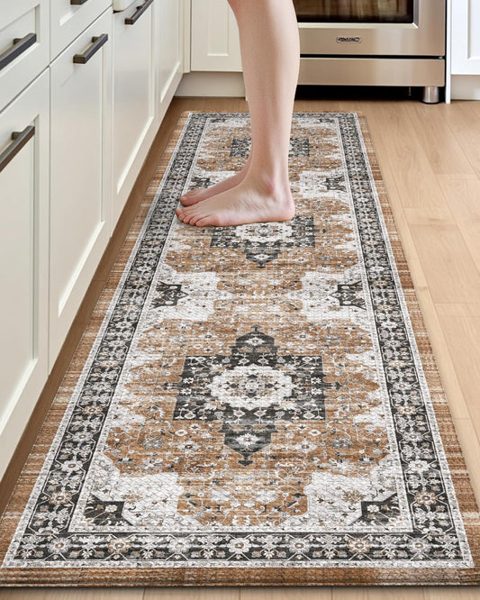 DEXI Kitchen Floor Mats Cushioned Anti Fatigue, 23x86 Long Wide Standing Comfort Runner Rug, Waterproof Retro Floral Memory Foam Padded for Front Sink Laundry, Brown/White