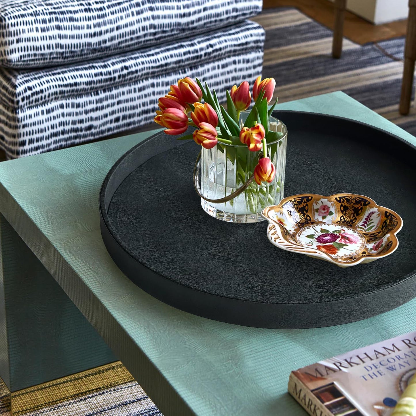 HofferRuffer Extra Large Round Serving Tray 24'', Elegant Oversized Faux Leather Circle Ottoman Table Tray, Serve Tea Coffee Breakfast in Bedroom Living Room Kitchen (Classic Black)
