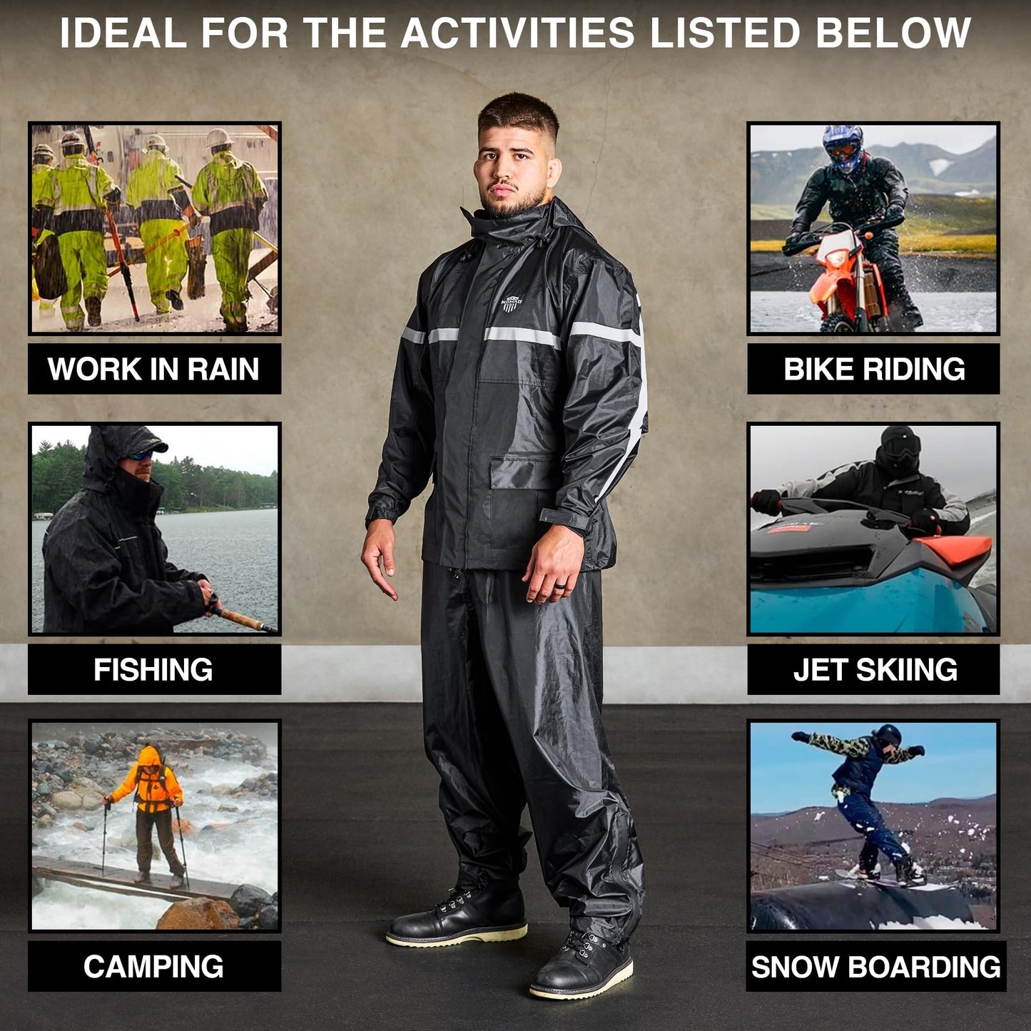 Waterproof Motorcycle Rain Suit, 2-Piece Reflective Gear, Lightweight Riding Jacket & Pants, Protective Raincoat with Hoodie (Black, XL-2XL)
