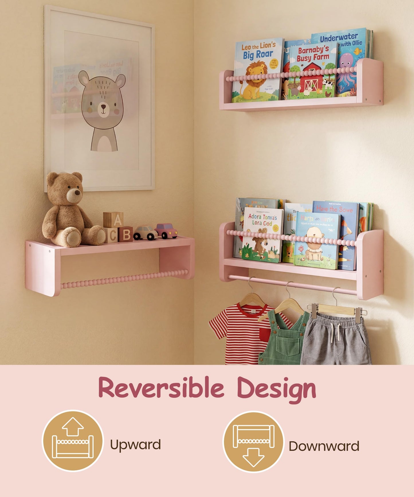 Mazjoaru Nursery Book Shelves for Wall Set of 3, Pink Natural Wood Bookshelf Wall Decor, Small Floating Shelf Organizer for Kids Room, Bedroom, Kitchen Spice Rack
