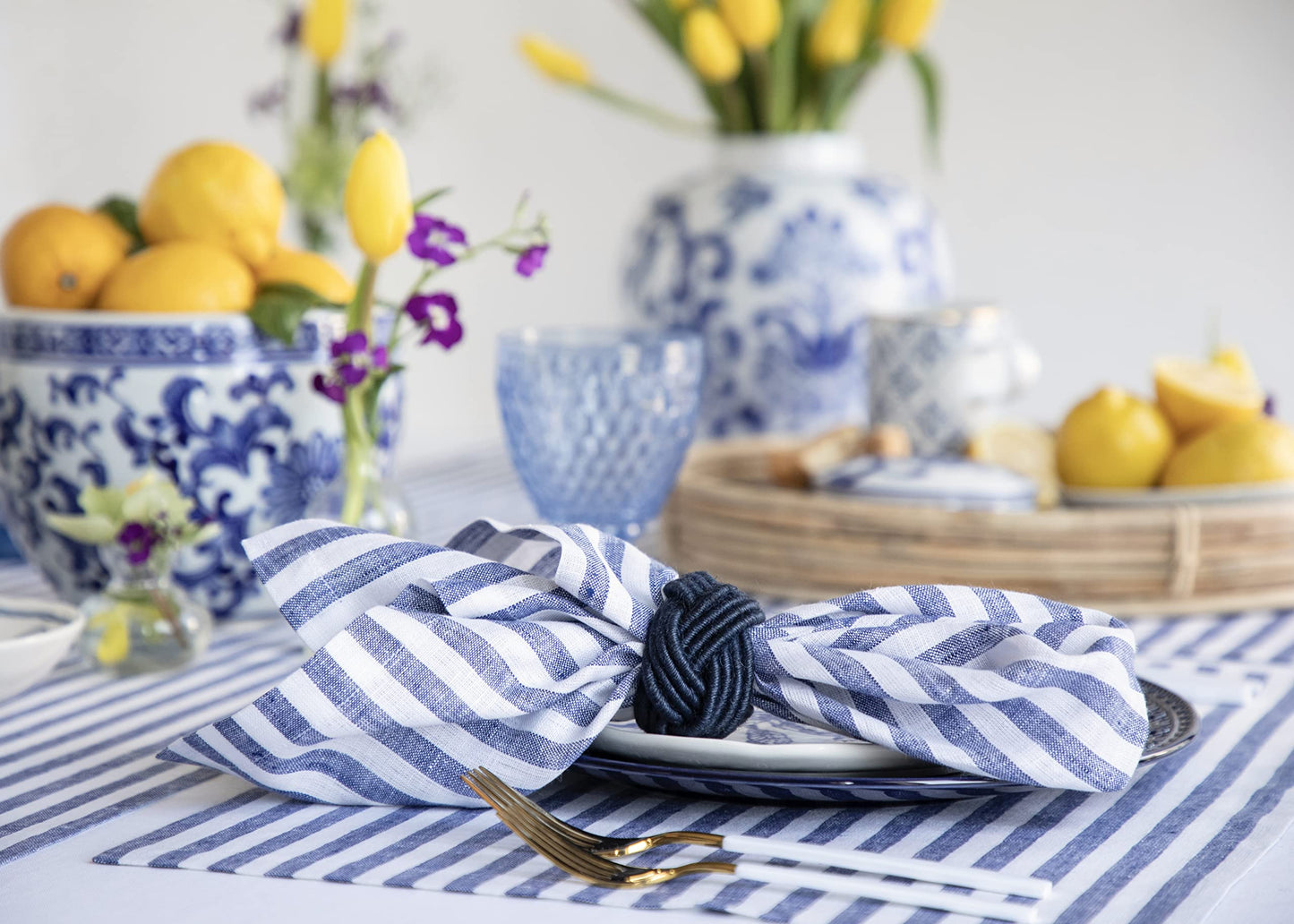 Solino Home Linen Napkins Set of 4-100% Pure Linen Amalfi Stripe Navy and White Cloth Dinner Napkins 20 x 20 Inch for Spring, Easter - Handcrafted and Machine Washable