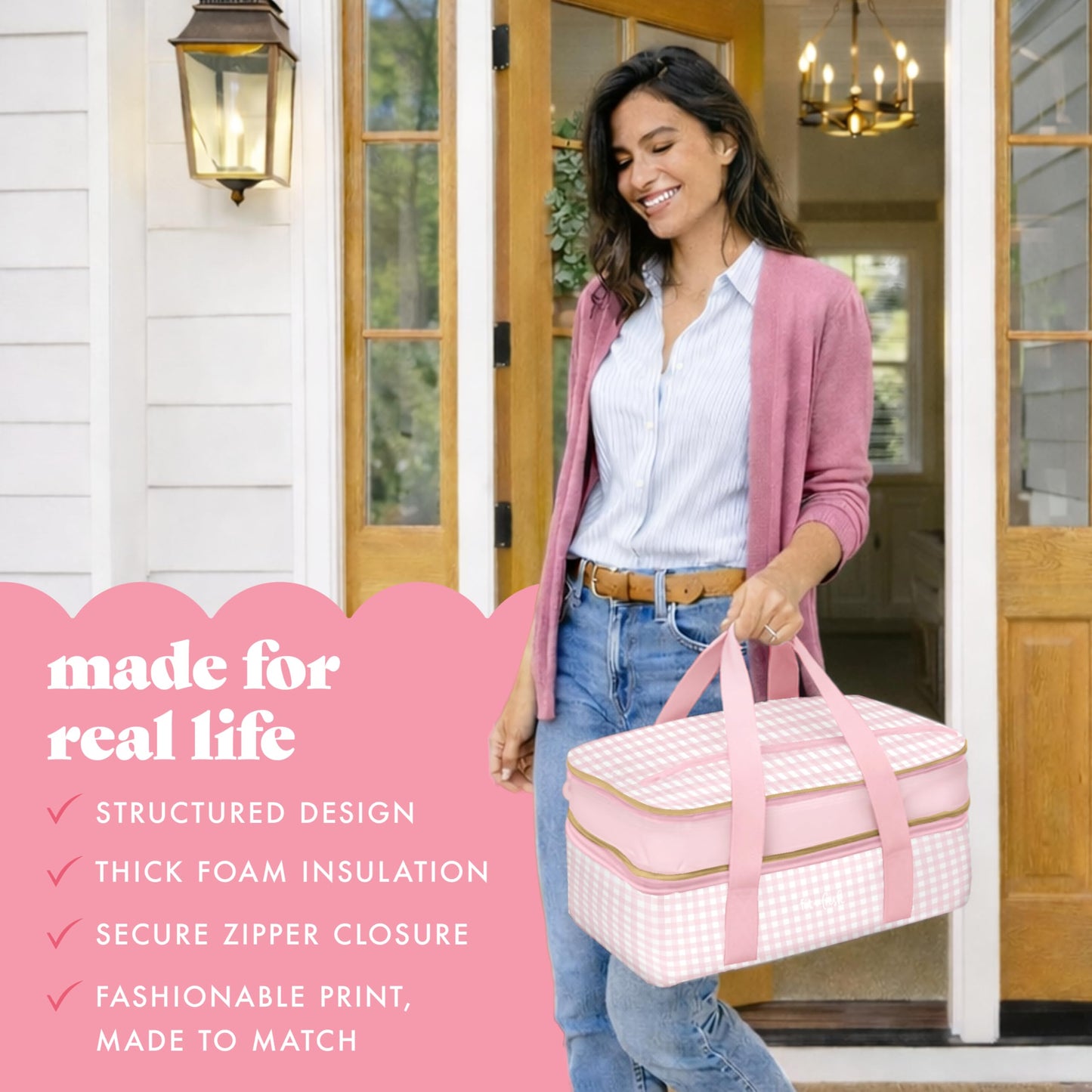 Fit & Fresh Insulated Casserole Carrier - Double Decker Food Carrier Fits Two 9x13 Dishes, Expandable Hot & Cold Food Transport Bag with Zipper Pocket for Potluck, Easter & Travel, Pink Gingham