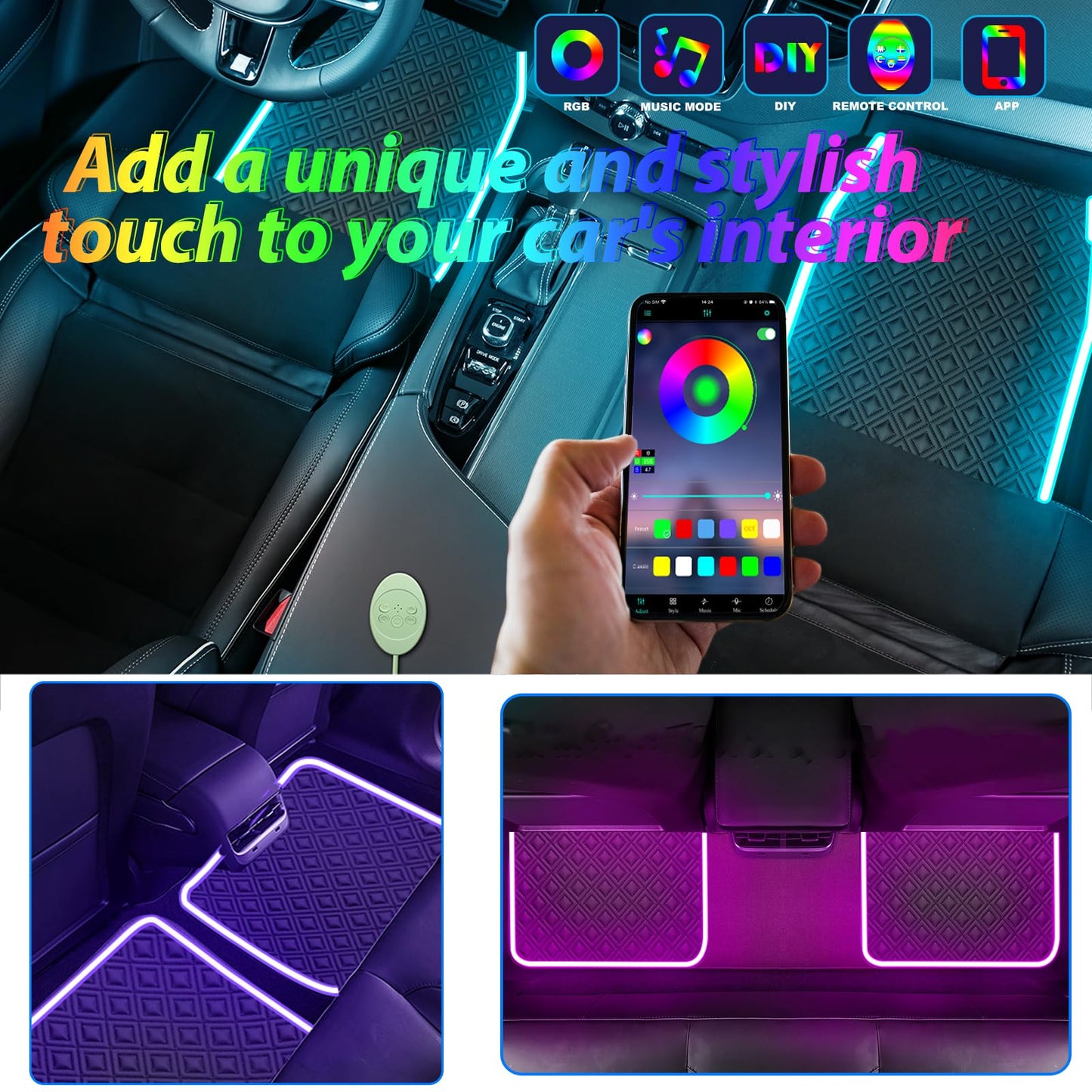 Car Floor Mats with Led Strip Light, Premium Universal Fit Black Automotive Carpet, Interior Car Lights Floor Mats,App Control Faux Leather Anti-Slip Waterproof Neon Car Decor Accessories for SUV Etc.