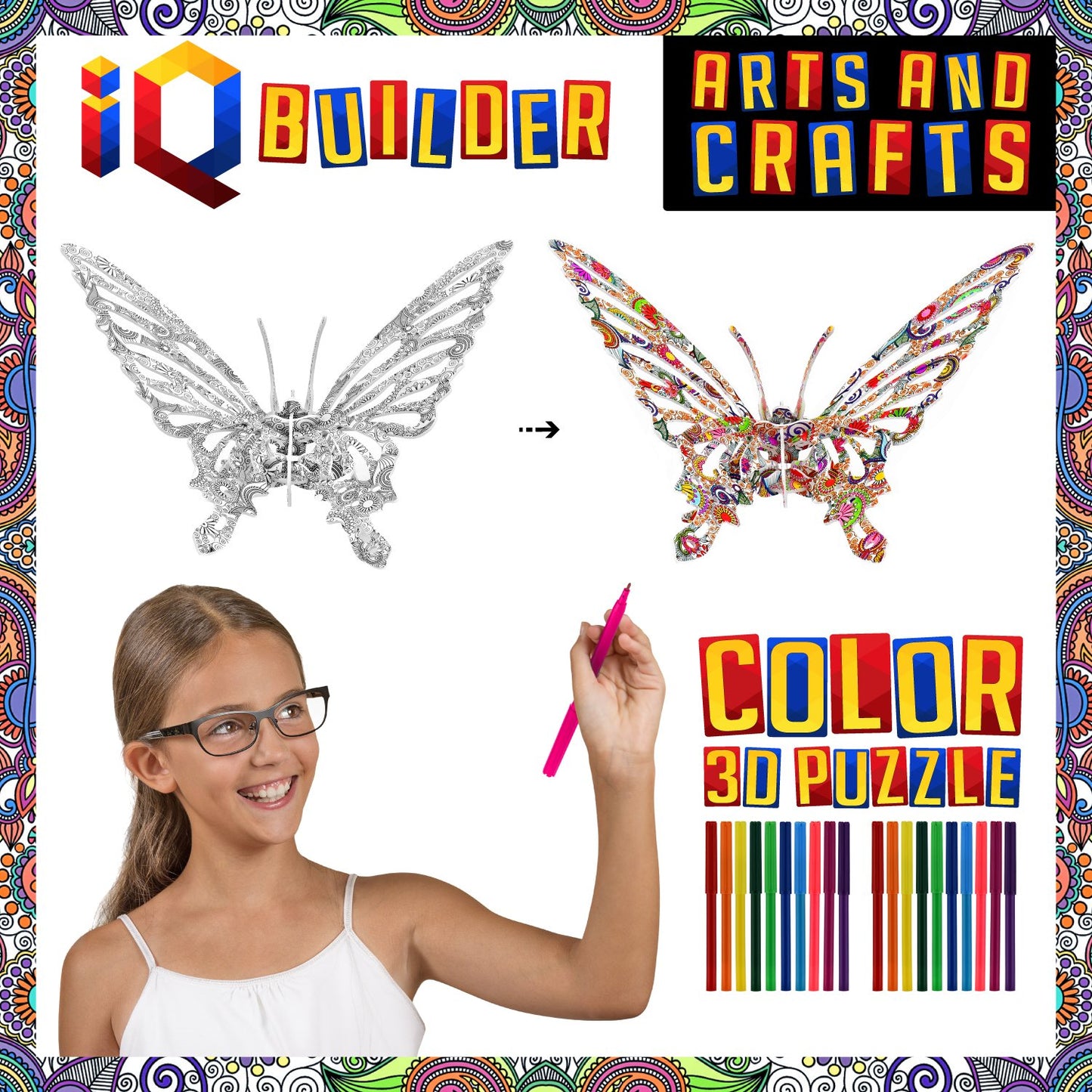 IQ Builder Arts and Crafts for Girls Age 7 8 9 10 11 12 Year Old and up | 3D Art Coloring Painting Animal Puzzle Set | Fun Creative DIY Toys | Family Craft KIT with Supplies | Best Toy Gift for Kids