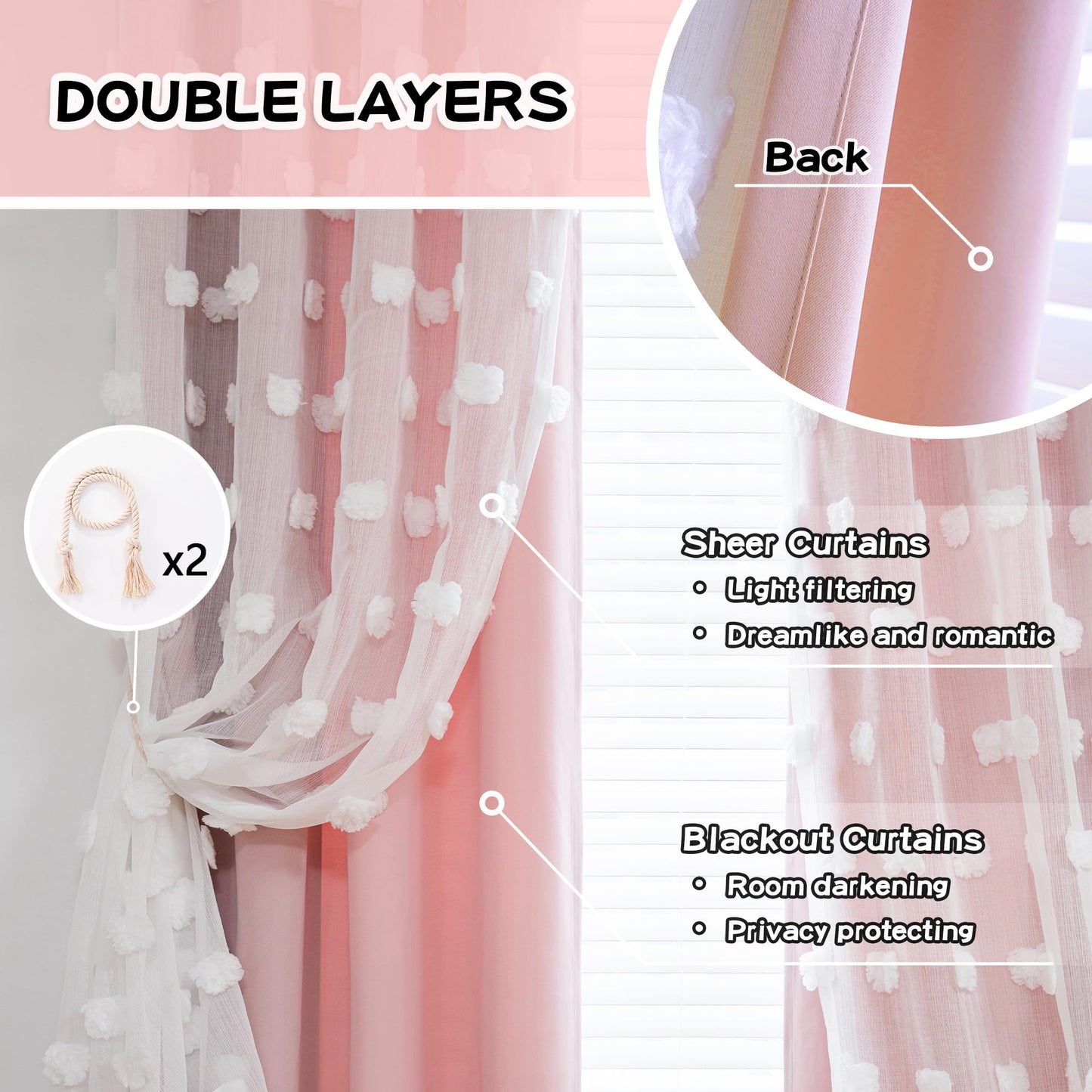 MYSKY HOME Pink Curtains for Girls Room 84 Inches Long Nursery Curtains Girl for Kids Room Double Layer White Pom Pom Sheer Living Room Darkening Window Drapes Back Tab, W52 X L84, 2 Pieces