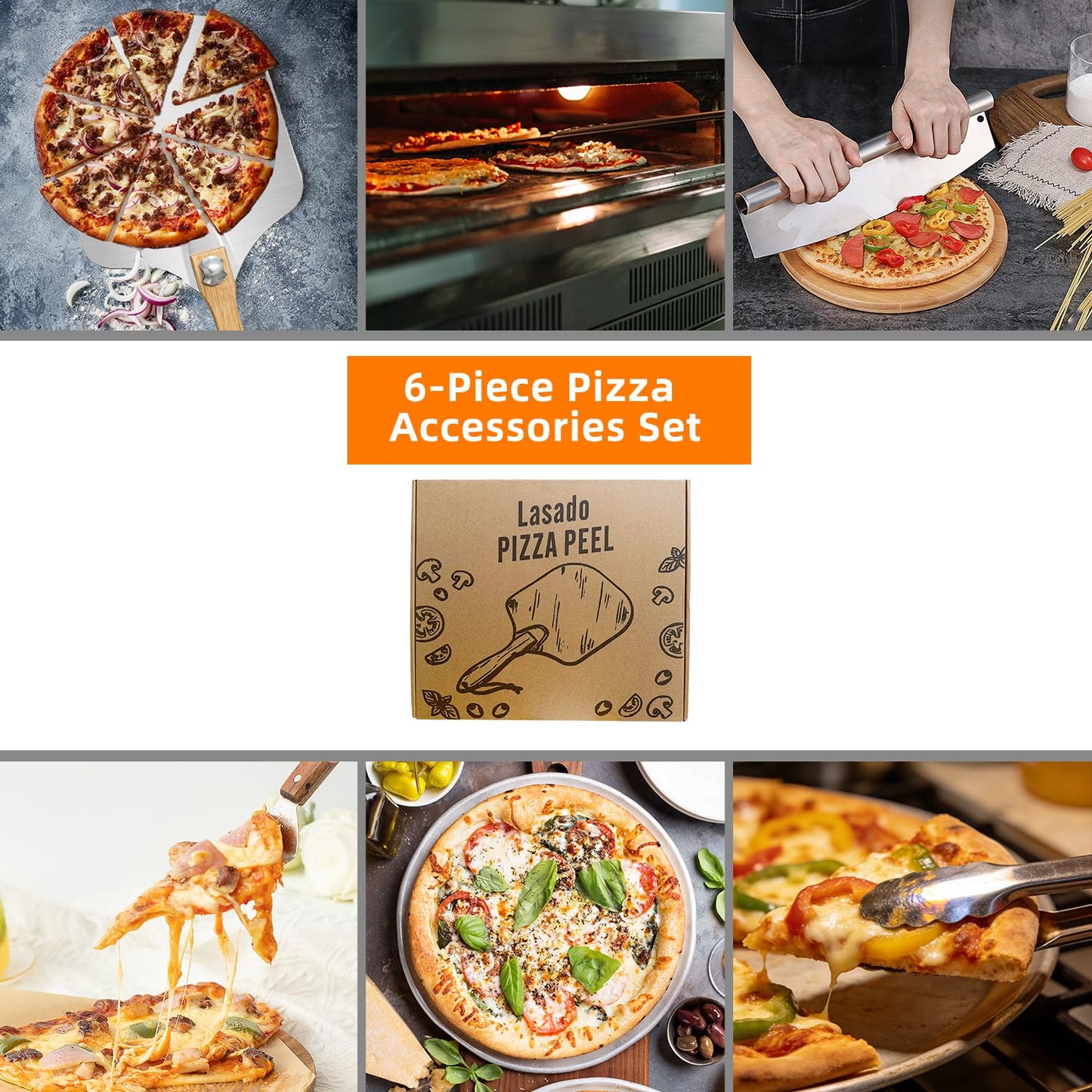 Pizza Peel and Pan Set, 6 Piece Pizza Oven Accessories, 12 Inch Metal Pizza Paddle with Foldable Wooden Handle, 8 Inch Metal Peel, Rocker Cutter, Server, Stainless Steel Plates and Tongs