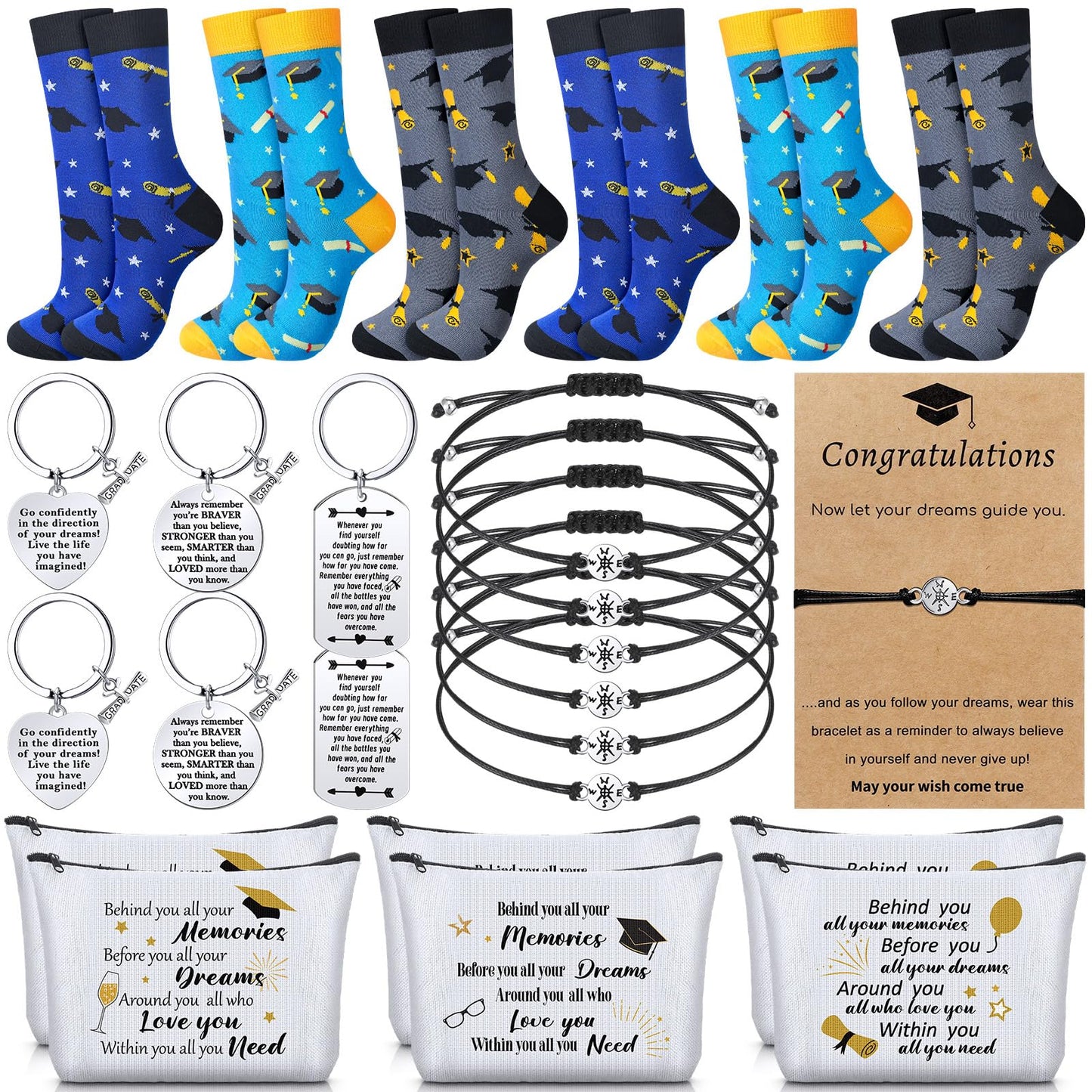 Jiuguva 24 Pcs Graduation Gifts Set Include 6 Graduation Socks 6 Graduation Makeup Bags 6 Graduation Keychains 6 Graduation Compass Wristbands Congrats Grad Class of 2025 Graduation Gift for Her Him