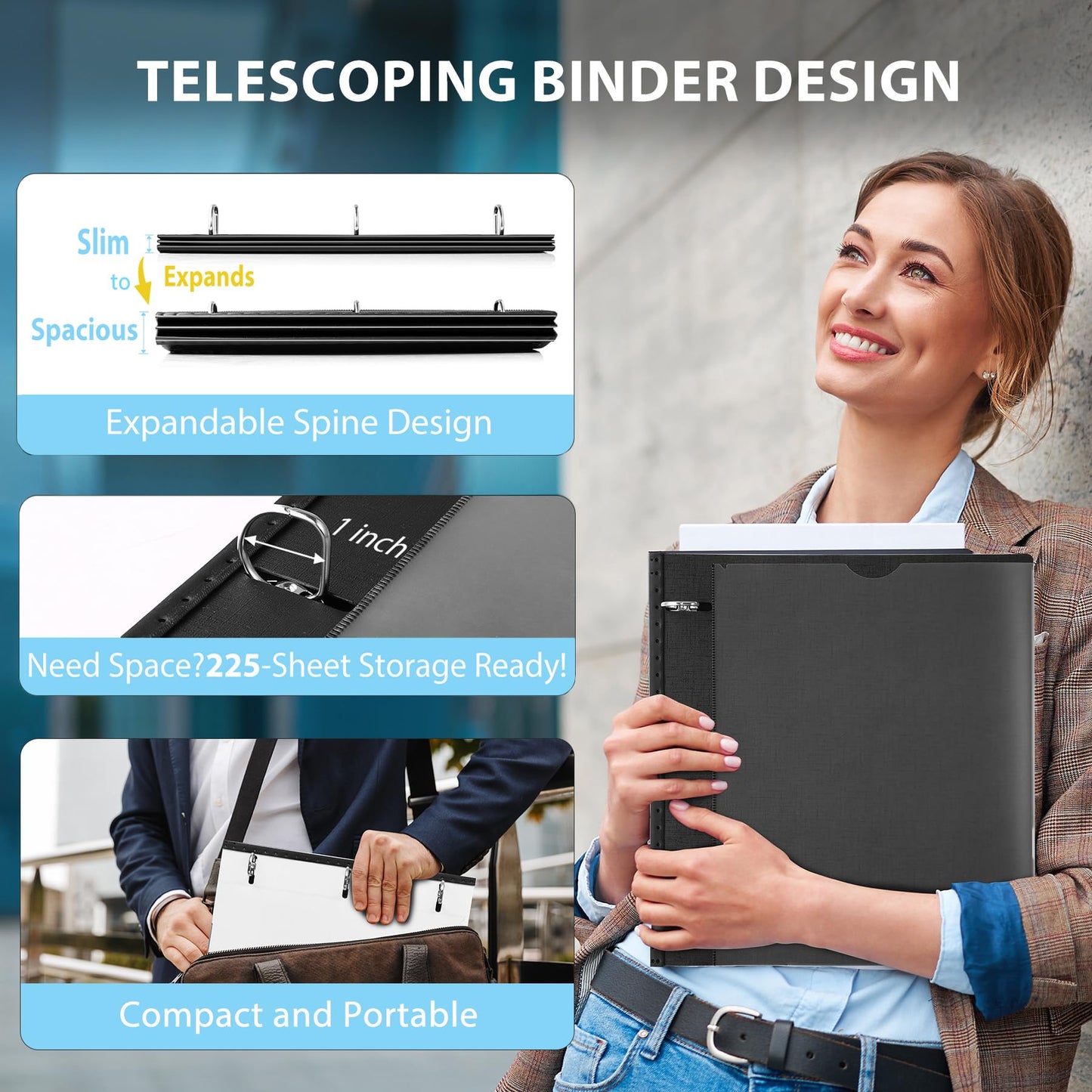 WOT I 12-Pack Telescoping 3 Ring Binder 1 Inch, Expandable Flexible Binder - Patented Design for Easy Portability, Holds 225 Sheets, Perfect for School, Office&Home Organization, Black