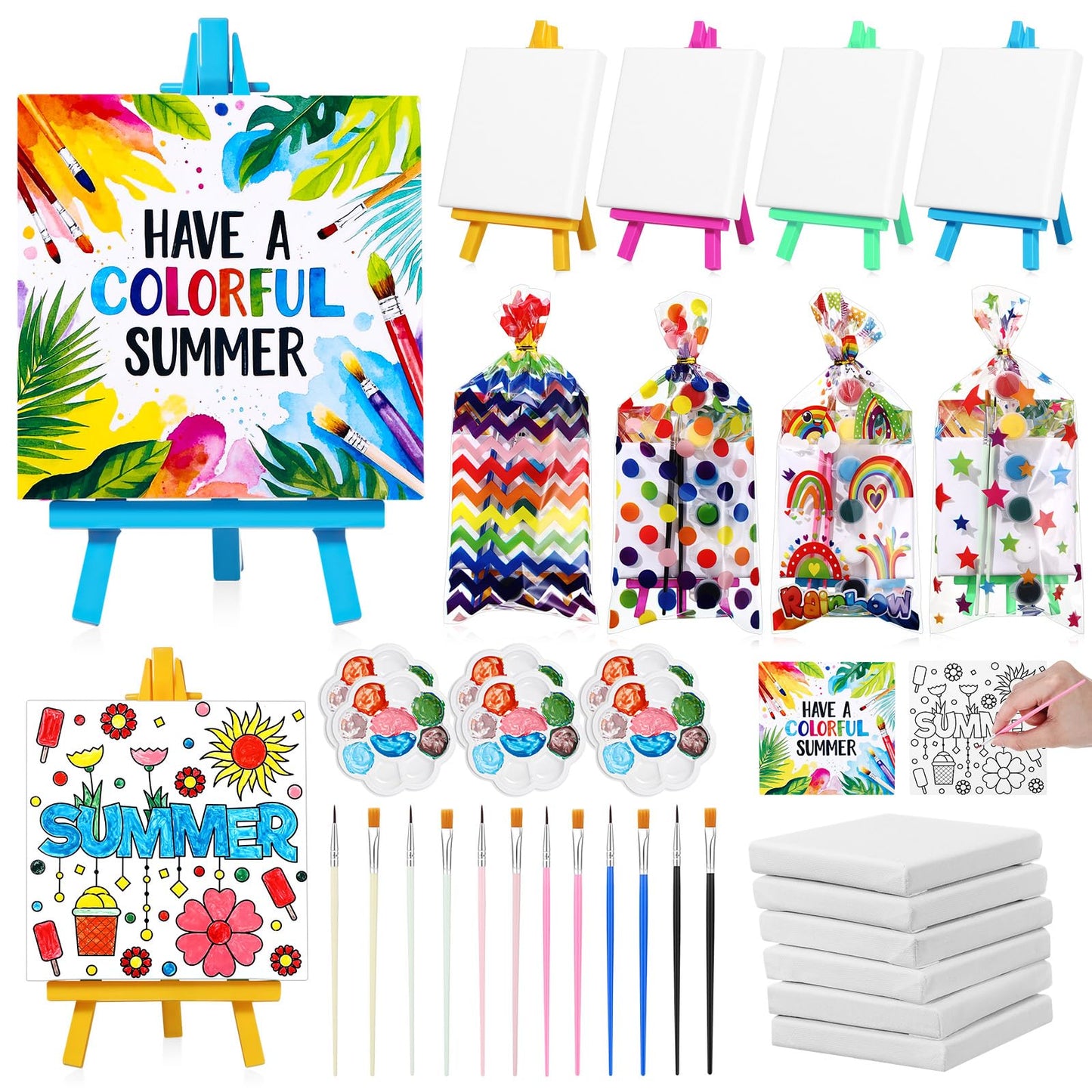 AmazingSpark 12 Set Mini Summer Party Watercolor Paint Set Mini Canvas Acrylic Painting Kit with Cards, Plastic Easel, Canvases, Paint Kit Art Party Favors Classroom Prize School Year Gifts