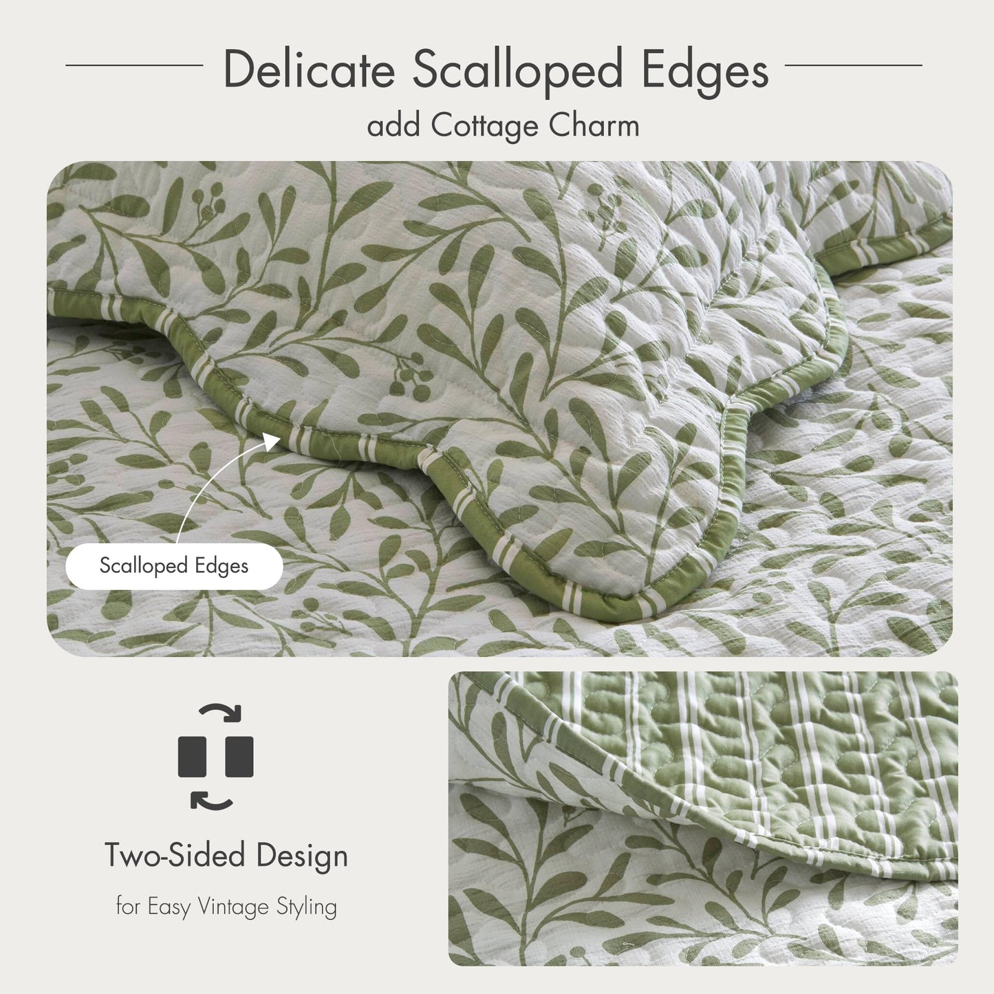 Madison Park 3-Piece Reversible Quilt Set, Botanical Print & Scalloped Edge, Lightweight Summer Bedding, Queen, Market Green