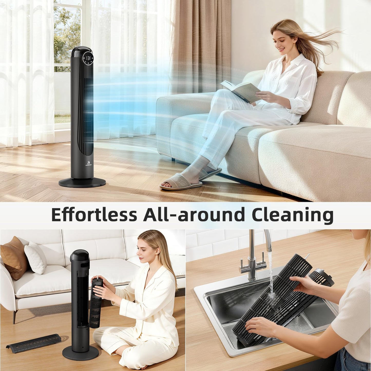 Antarctic Star T36 Tower Fan-36 Inch, Bladeless Oscillating Fan with Remote, 6 Speeds & 4 Modes, LED Display, 9H Timer, Quiet Floor Standing Fan for Bedroom Living Room Office, Black