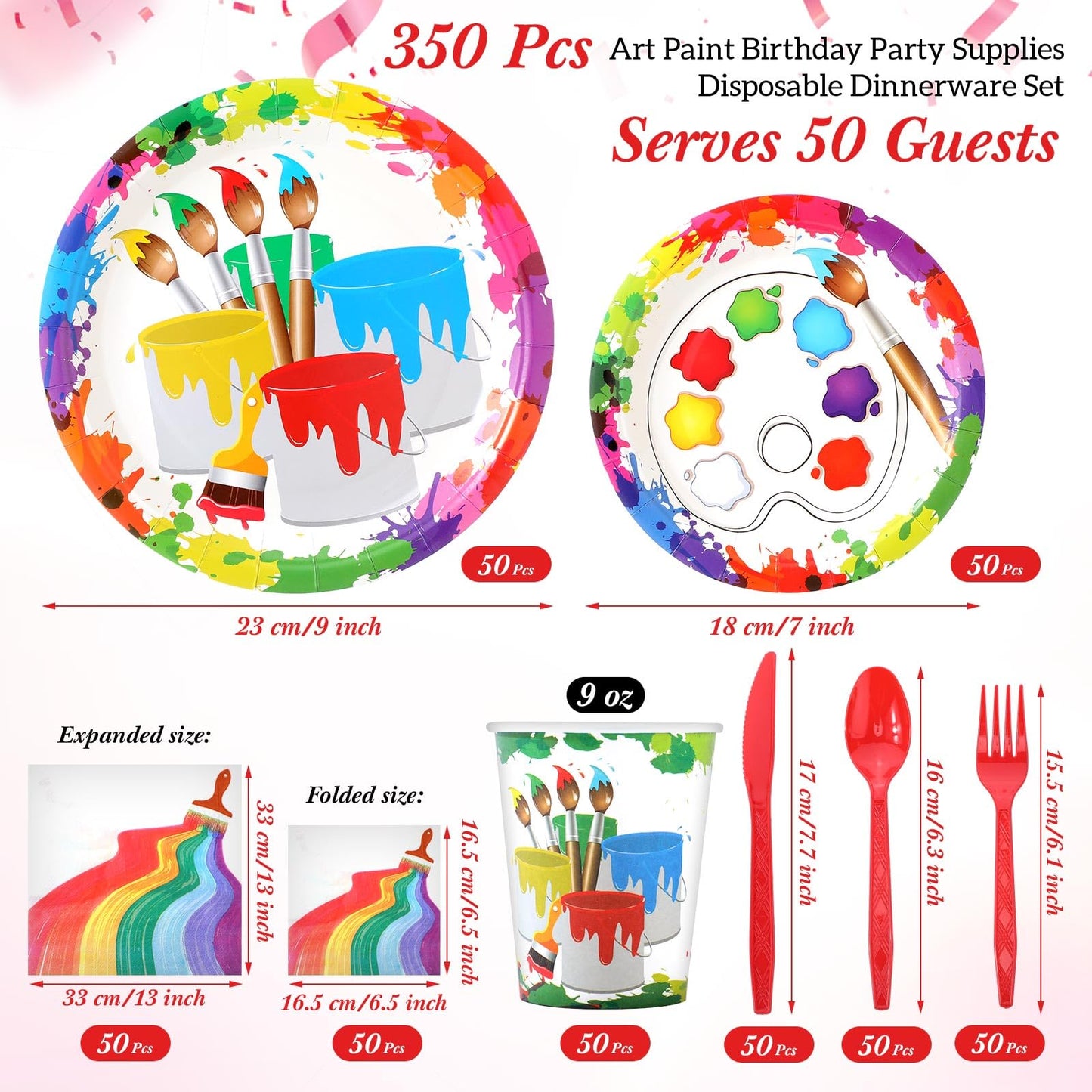 Uiifan 350 Pcs Art Party Decorations Artist Paint Party Supplies Serves 50 Guests Art Themed Birthday Party Supplies Disposable Plates Cups Napkins Knife Fork and Spoon Party Tableware for Birthday