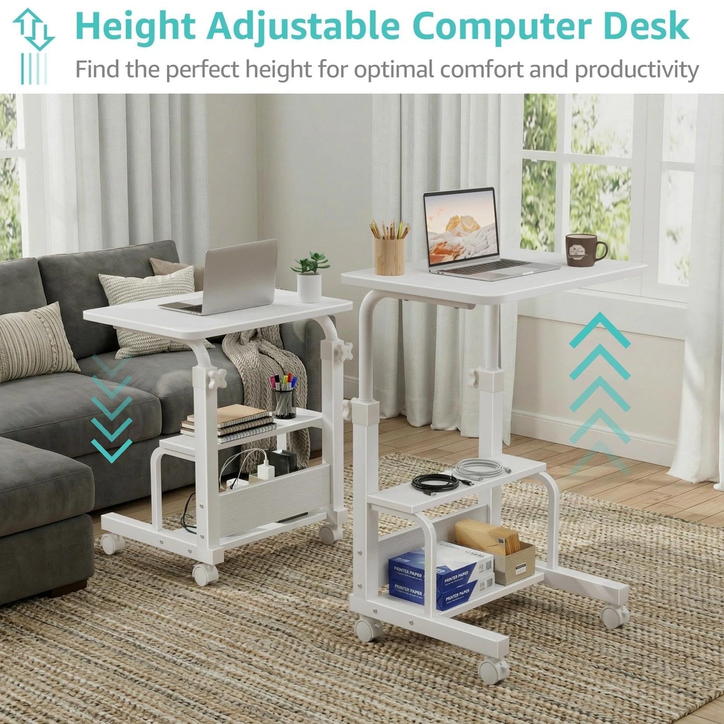 WINAZ Small Bedroom Laptop Rolling Desk - 24" White Mobile Kids Desk with Wheels for Small Spaces, Height Adjustable C Shaped Side Table with 2-Tier Storage Shelves