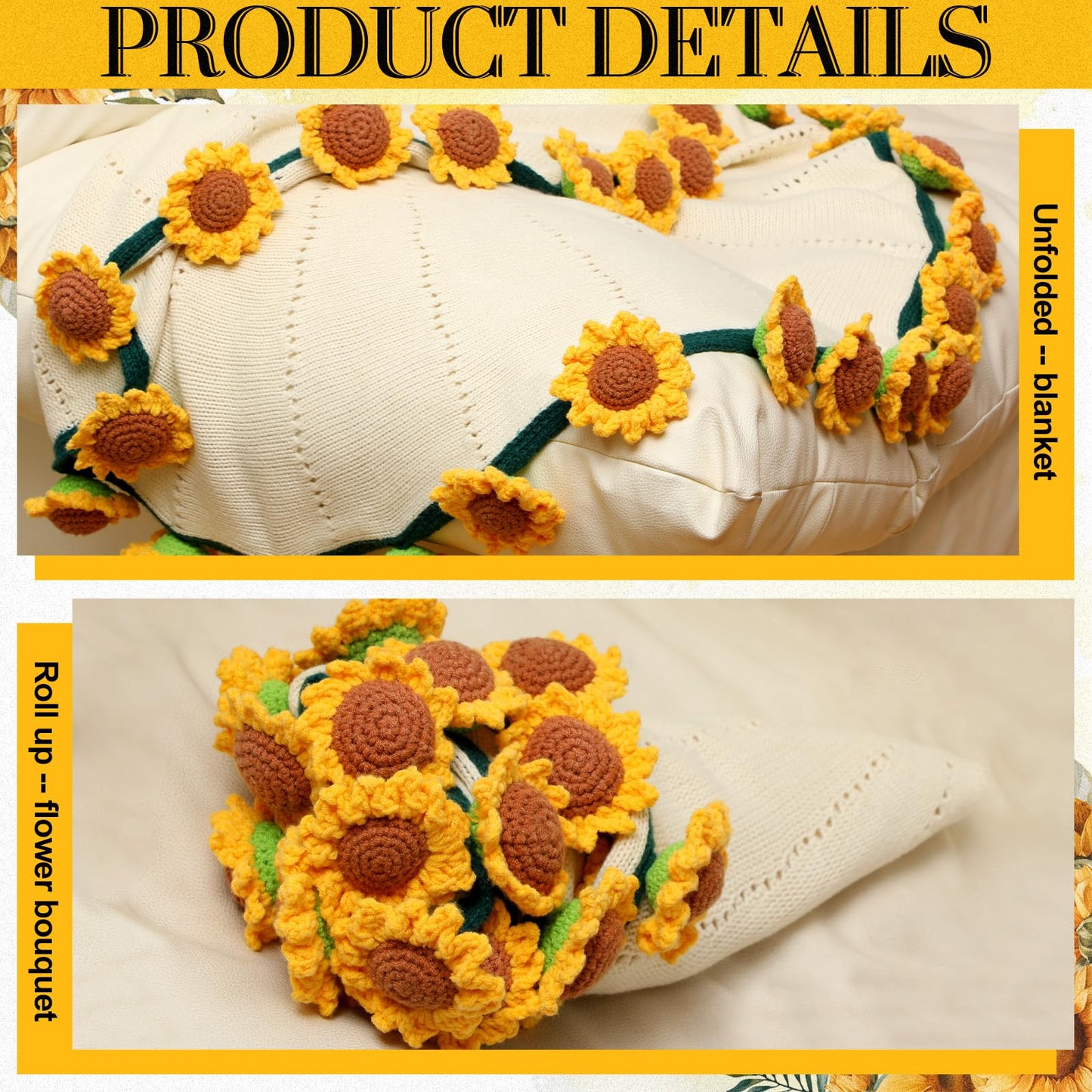 WovWeave Sunflower Crochet Knitted Blanket - 31.5 inch Finished Yellow Floral Bloomie Bouquet Blanket for Women Birthday Gift Anniversary Wedding Party Favors