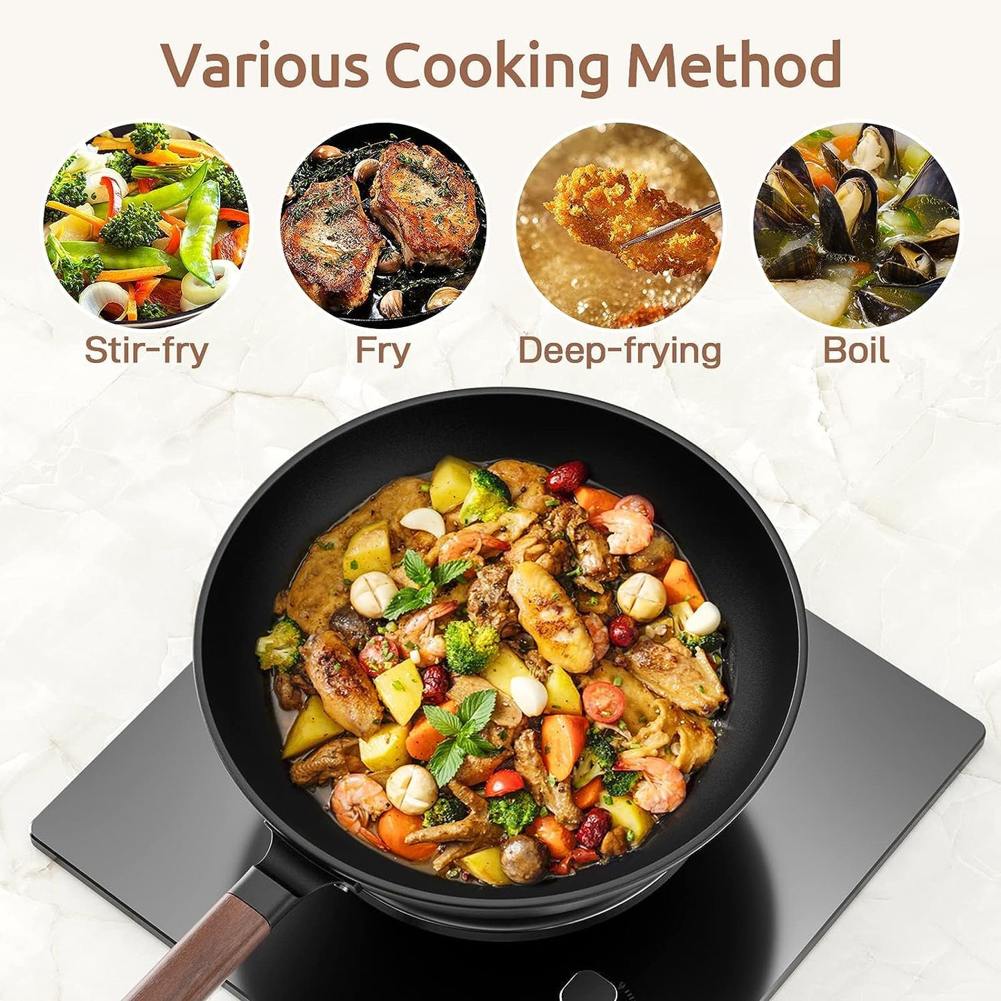 Todlabe Carbon Steel Wok - Including Glass Cover and Silicone Spatula, 13-Inch Woks & Stir-Fry Pans for Induction, Electric, Gas Stoves