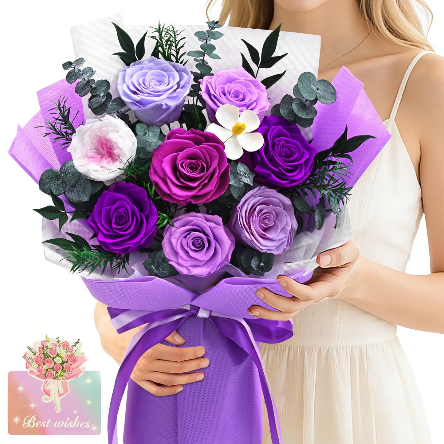 Forever Rose Flowers for Delivery, 8-Piece Preserved Roses Bouquet for Mothers Day Gifts, Long Lasting Purple Roses with Gift Box for Mom, Forever Flowers with Vase Birthday Gift for Her Wife
