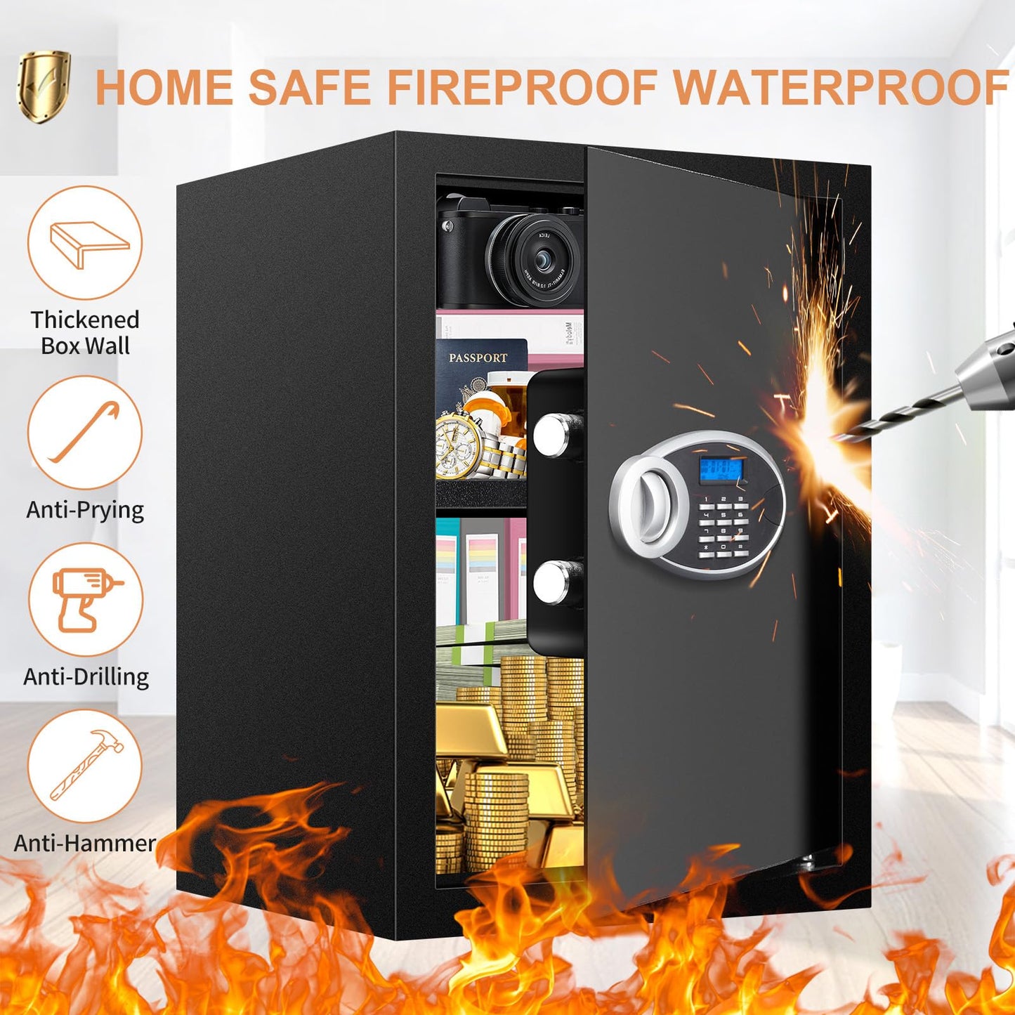 3.0 Cubic Feet Home Safe Fireproof Waterproof, Digital Home Security Safe Box with Programmable Keypad and Spare Keys, Document Safe for Money Firearms Medicine Valuables