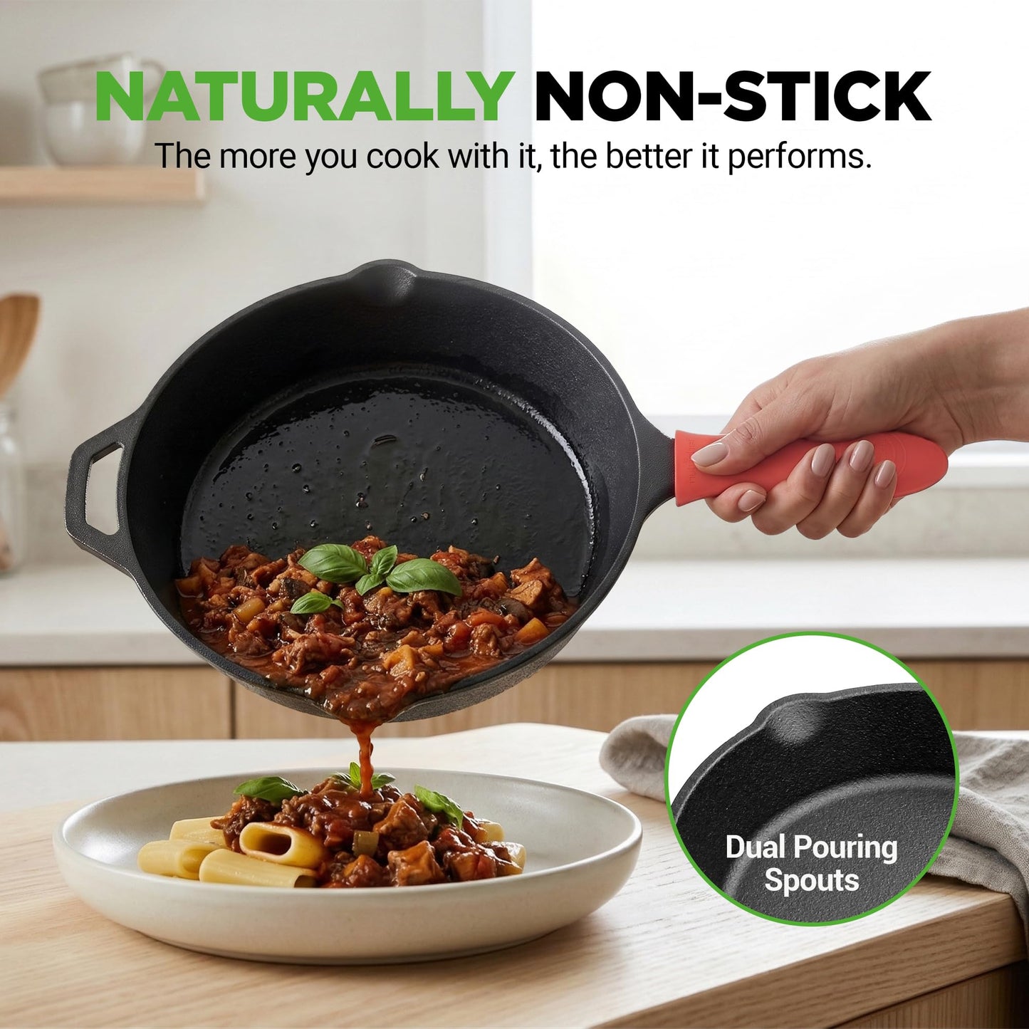 NutriChef 10 Inch Cast Iron Skillet with Lid - Pre-Seasoned Small Fry Pan with Side Drip Spout and Silicone Handle