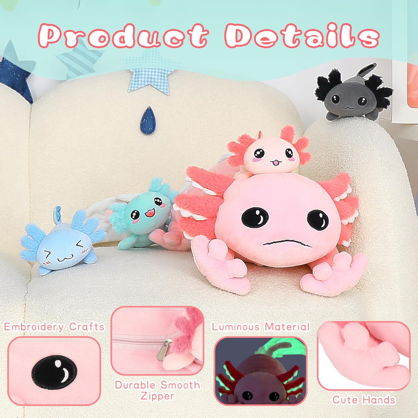 Tezituor Giant Axolotl Stuffed Animal with 4 Babies,31.5" Luminous Axolotl Plush Pillow Toy Realistic Soft Axolotl Plushies Birthday Gifts for Boys Girls