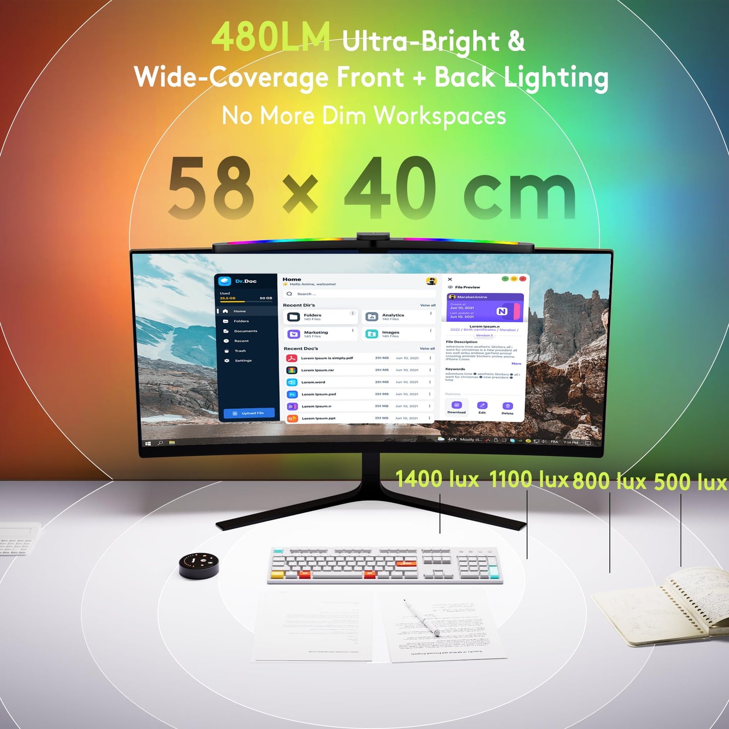 Quntis Curved Monitor Light Bar 15 RGB Backlight for 34"+ Screens, Computer Bar Lights Foldable Dual Light with Color Temperature Brightness Stepless Dimming, No Glare Desk Lamp for Home Office Gaming