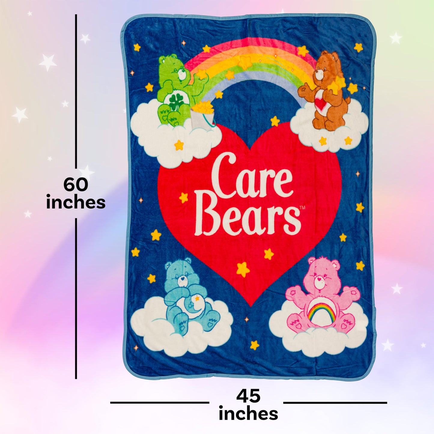 Silver Buffalo Care Bears Rainbow Heart Logo Featuring Cheer, Bedtime, and Tenderheart Bear 45” x 60” Fleece Throw, Soft and Cozy Blanket, 180 GSM