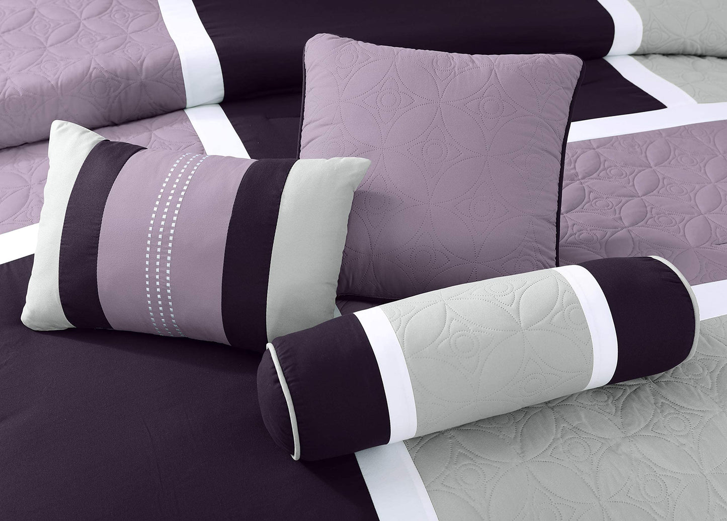 Chezmoi Collection Upland 7-Piece Quilted Patchwork Comforter Set, Lavender/Gray/Purple, Queen