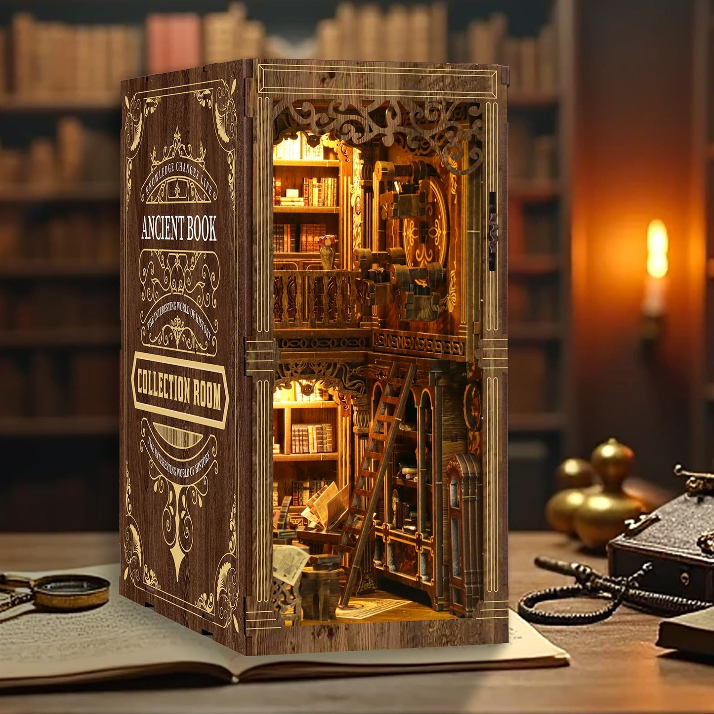 Book Nook Kit - DIY Miniature Dolls House Kit with Furniture and LED Light, 3D Puzzle Wooden Art Bookends, Model Kits for for Adults and Teens (Ancient Books)