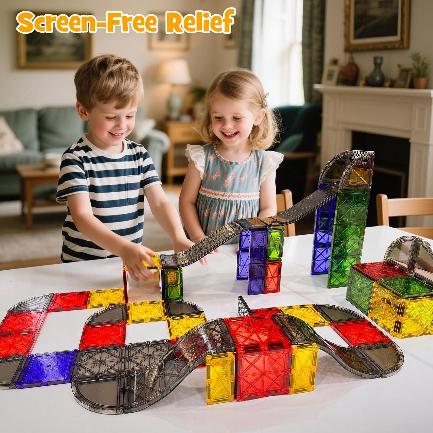 WMXDU 2-in-1 Magnetic Tile Downhill & Road Set - 40PCS Magnetic Building Blocks with Car, Montessori Preschool Toys for 3+ Year Old Boys & Girls, Ideal Sensory Toys for Toddlers