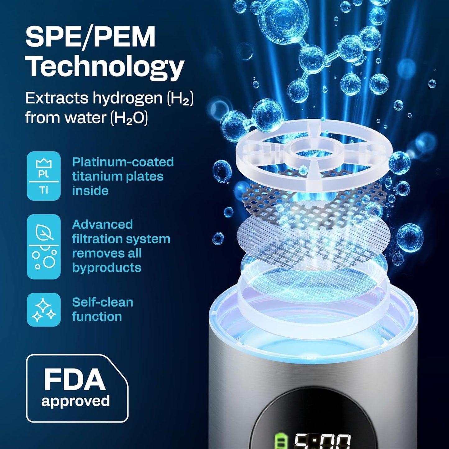 Energilz Hydrogen Water Bottle | 16.2 oz (480 ml) Hydrogen Water Generator | 6000 PPB Hydrogenator Machine | SPE/PEM Ionizer Generator (Silver)