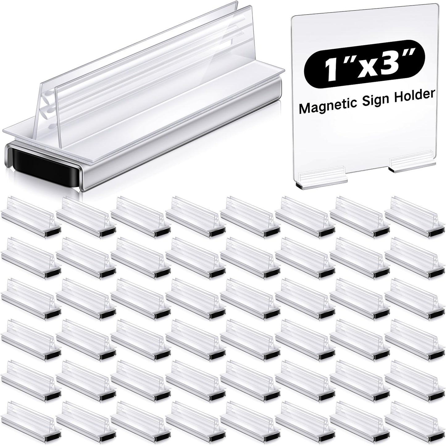 Thyle 48 Pack Magnetic Sign Holder Grip Holder, Powerful Magnet, 3" Length, 1" Width, 1" Total Height for Retail Wall Display Store Vendor Event Warehouse and Shop Supplies, Clear