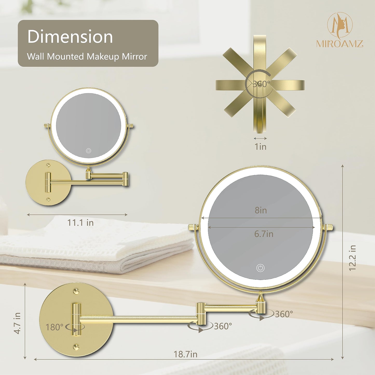 MIROAMZ Rechargeable Wall Mounted Lighted Makeup Vanity Mirror 8 Inch Double Sided 1X 10X Magnifying Bathroom Mirror, 3 Color Lighting, Touch Screen Dimming, 360 Rotation Shaving Mirror Gold