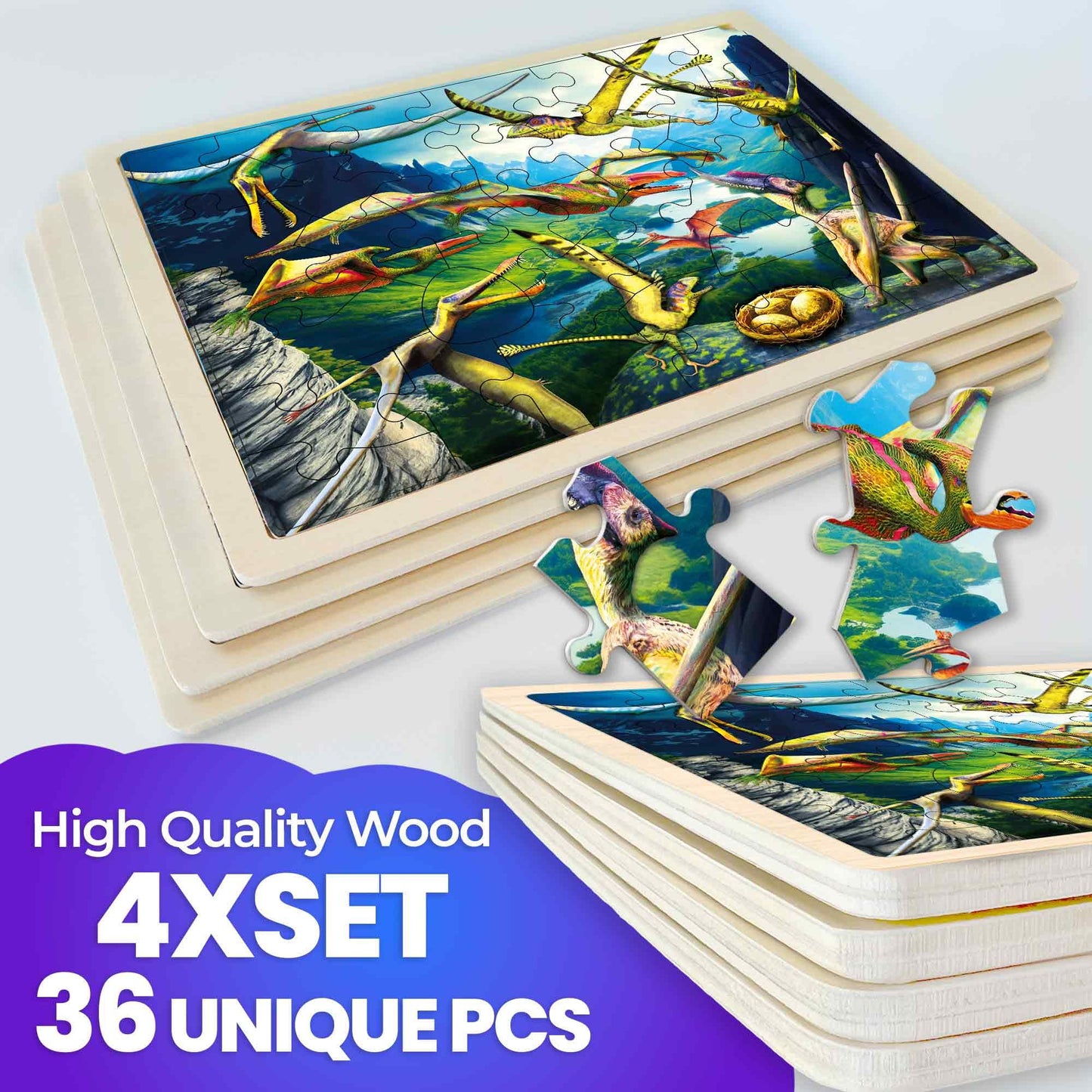 QUOKKA 4x36 Dino Puzzles for Kids Ages 4-6 - 36 Pieces Realistic Wooden Montessori Toddler Puzzles for Ages 3-5