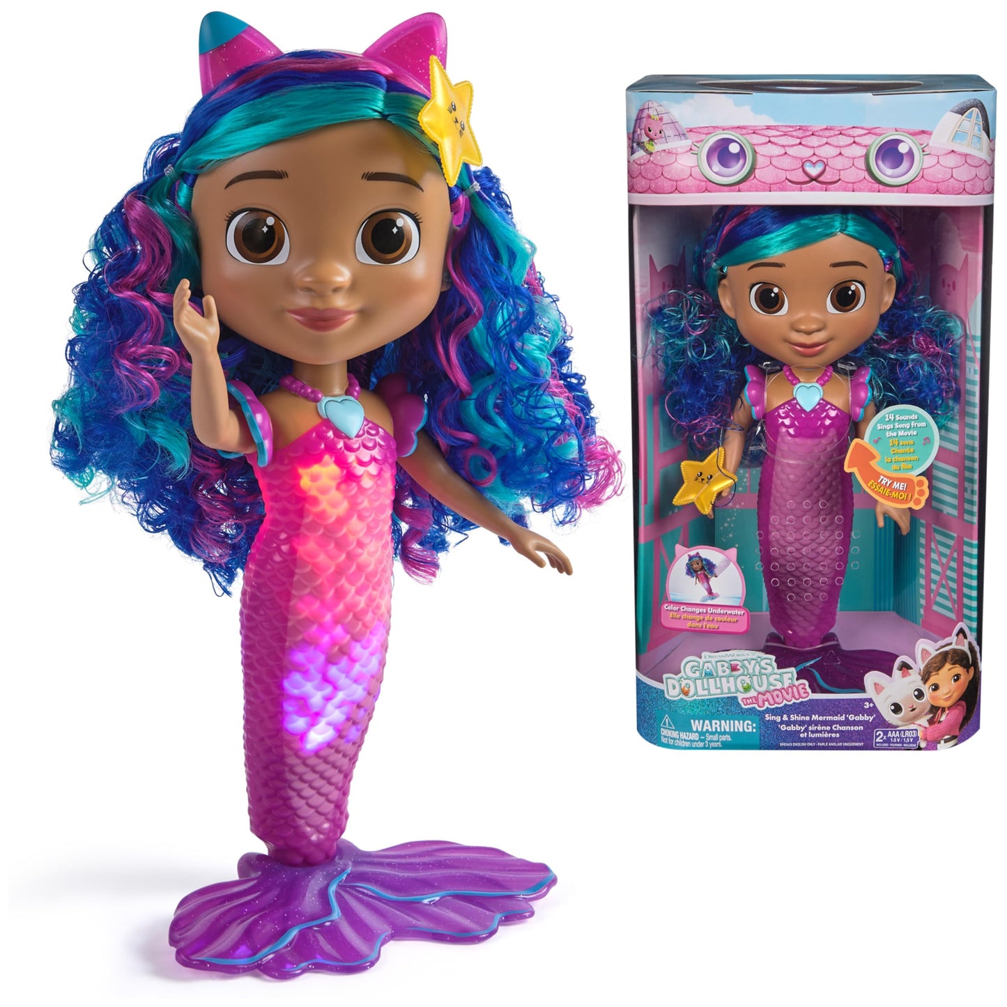 DreamWorks GABBY'S Dollhouse The Movie, Sing & Shine Mermaid Gabby, Waterproof Mermaid Doll with Lights & Sounds, Kids Toys for Girls & Boys Ages 3 and Up
