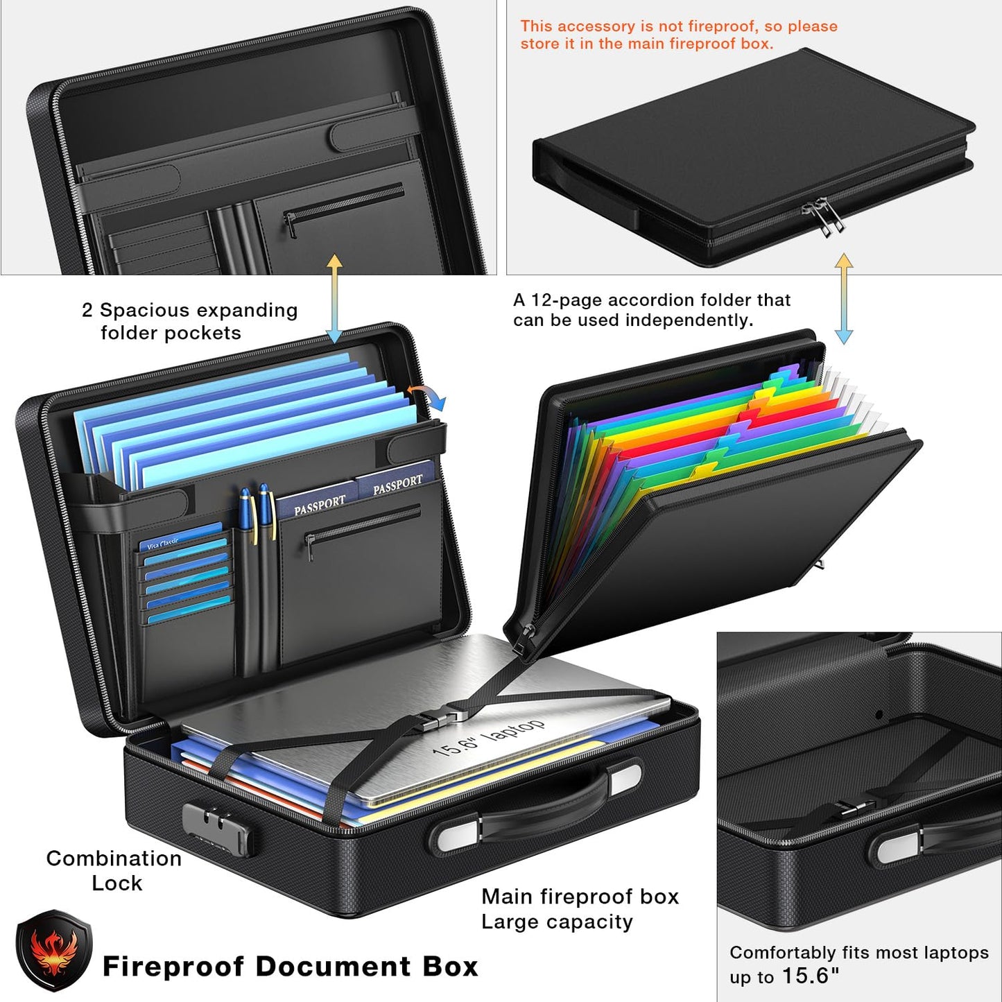 ANZAKY Fireproof Document Box with Fireproof Zipper, Hard Inner Shell Fireproof Document Bag with Lock, Fireproof Water Resistant Important Document Organizer 16 inch Laptop File Briefcase (Black)