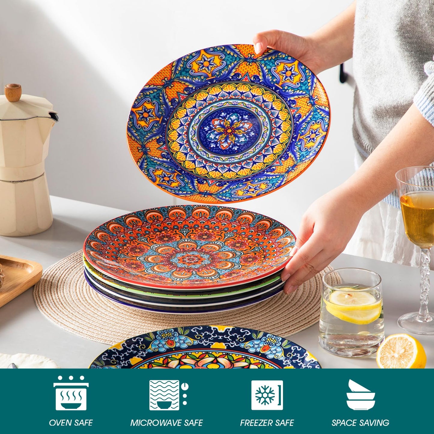 vancasso Colorful Dinner Plates Set of 6, 10.5 Inch Ceramic Kitchen Plates for Dinner, Bohemian Printed Dishes for Dining, Microwave & Dishwasher Safe Plate Set, Series KRVI