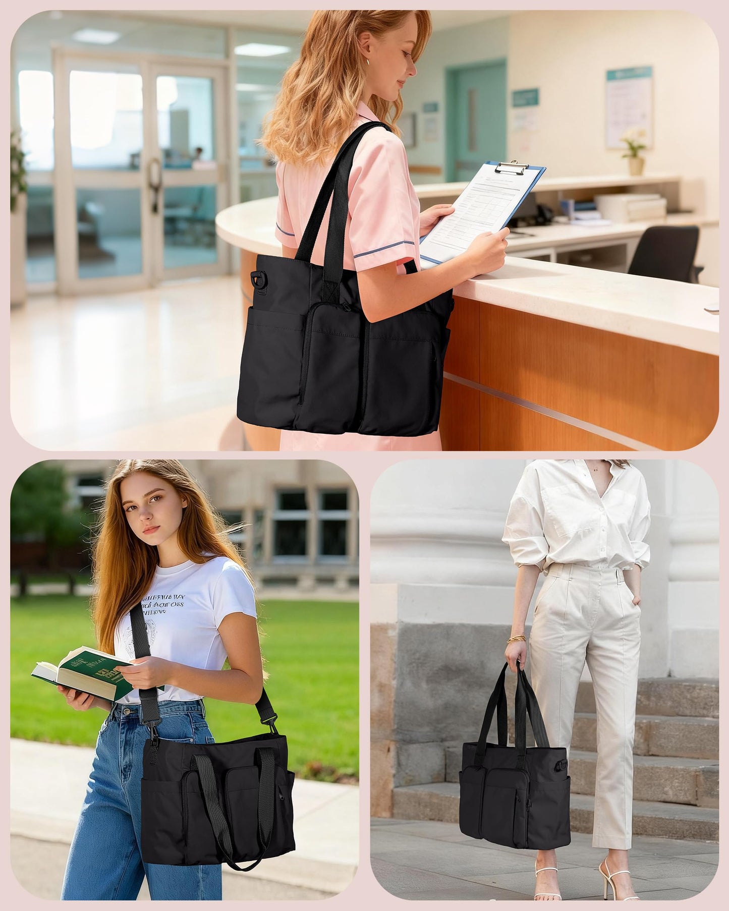 Marscamd Nurse Tote Bag with Crossbody Strap, 9-Pocket Clinical Bag for Nursing Students with Laptop Sleeve, Bag for Work, School, Teacher, Black