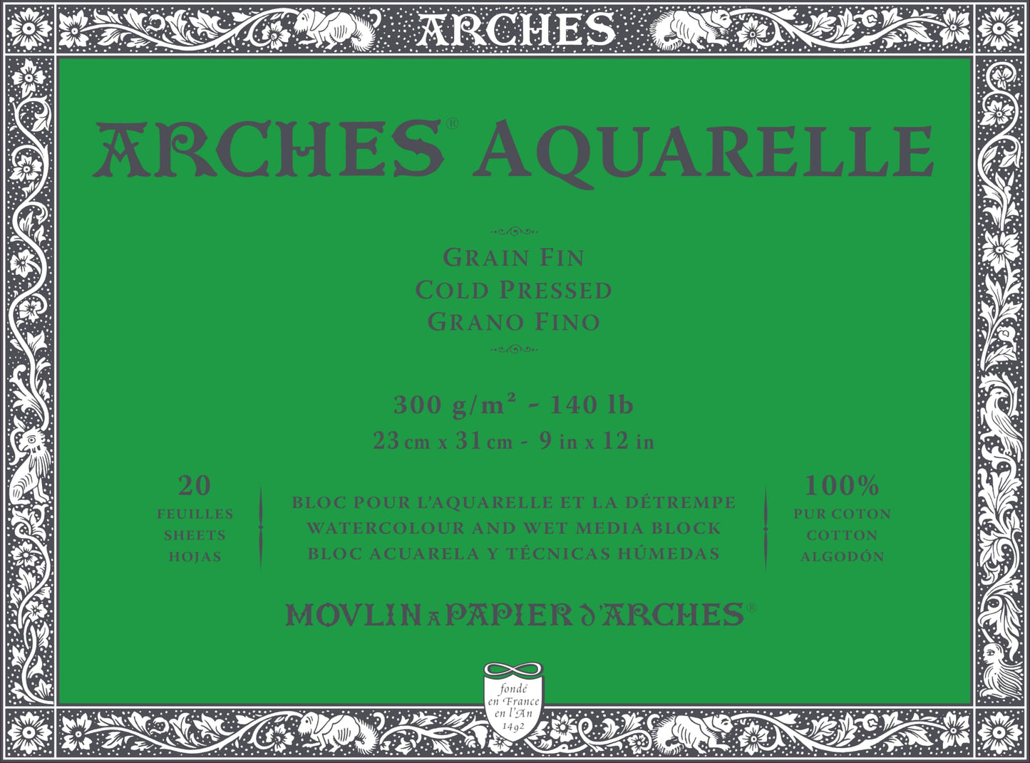 Arches Aquarelle Watercolor Block, Cold Pressed, 140lb/300gsm, 20 Sheet, 9x12 inch, Watercolor Paper 100% Cotton
