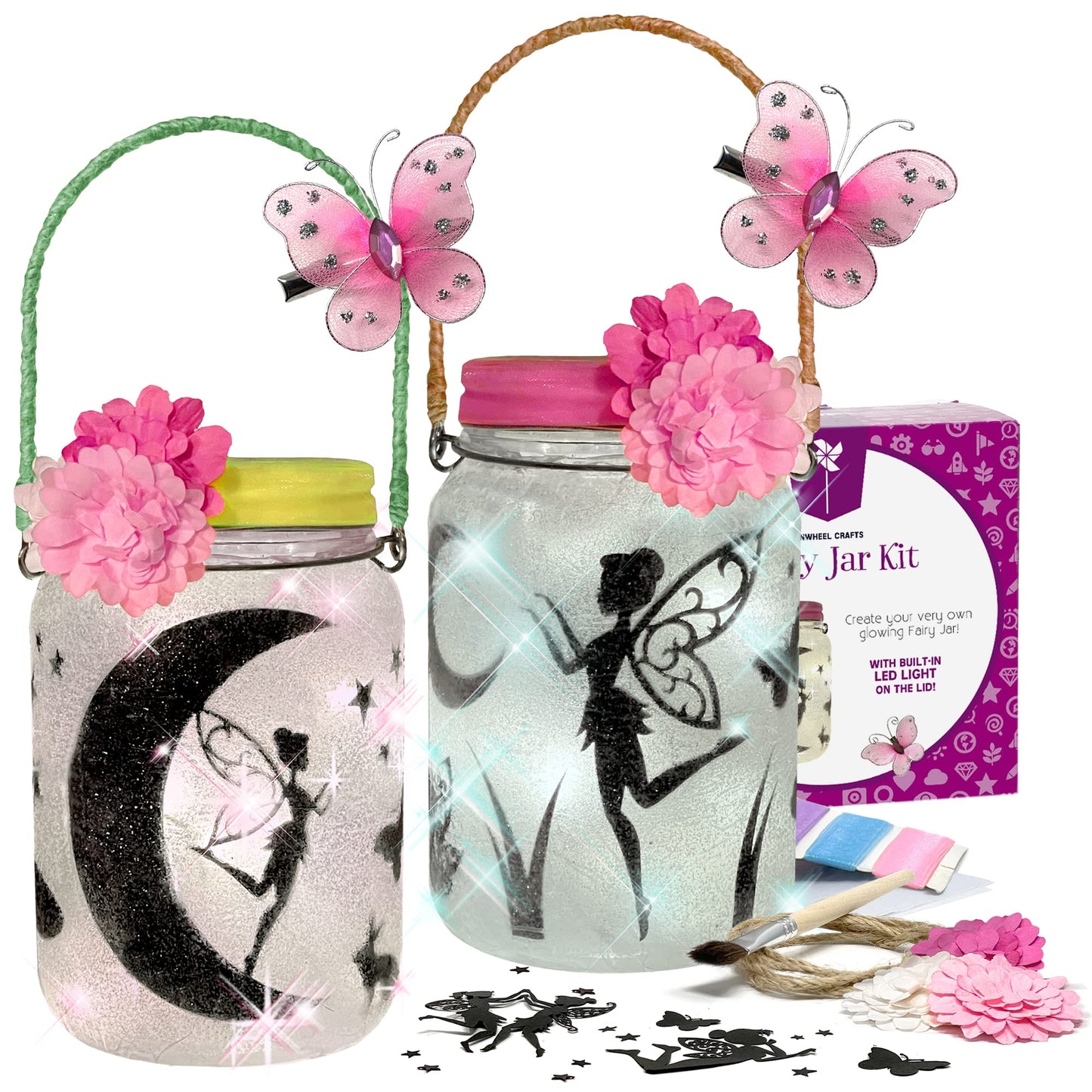 Pinwheel Crafts Fairy Lantern Toy for Kids Age 6-8 8-12+ Years - Make Your Own Night Light - Fairy Jar Gift for Girls with Led Light - Arts & Crafts Set, Pack of 2