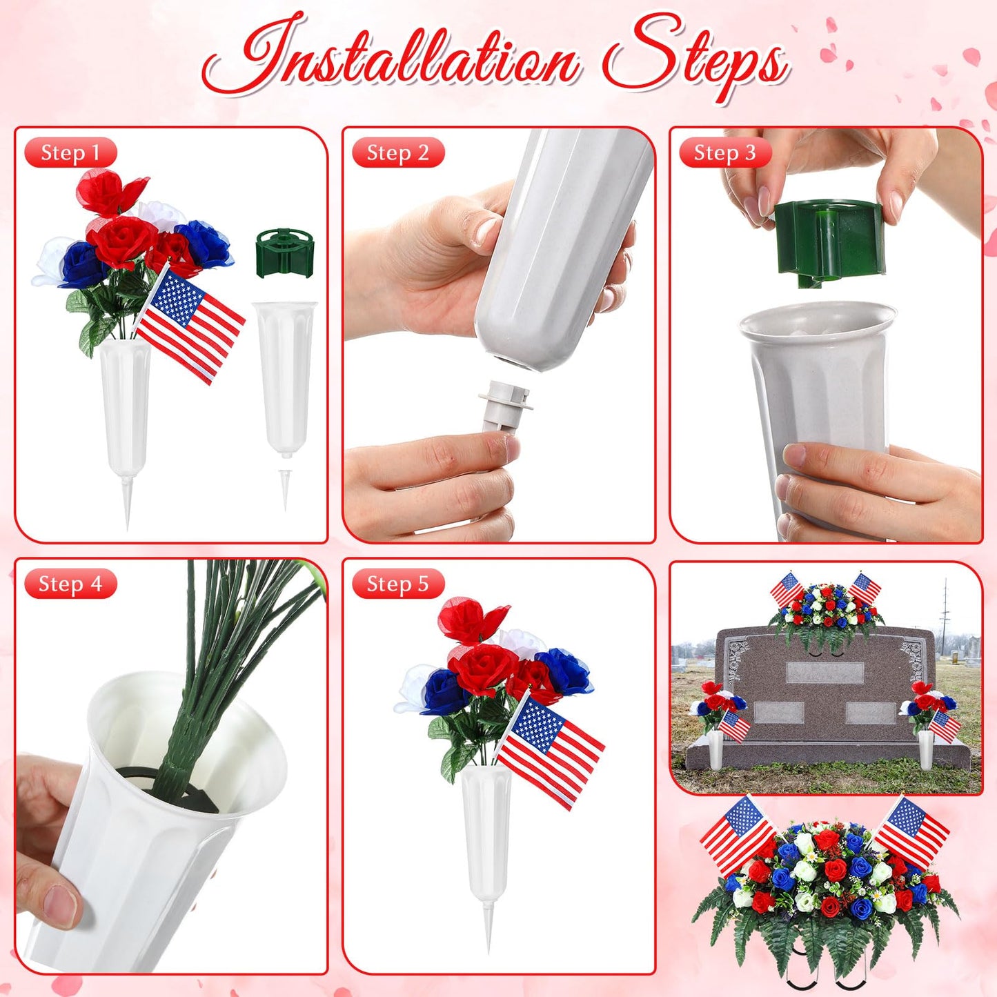 Giegxin 3 Pcs Memorial Day Headstone Flower Saddle Cemetery Flowers for Grave Artificial Memorial Floral with Vase American Flag Patriotic Red White Blue Rose Bouquets for Gravesite Tombstone Decor