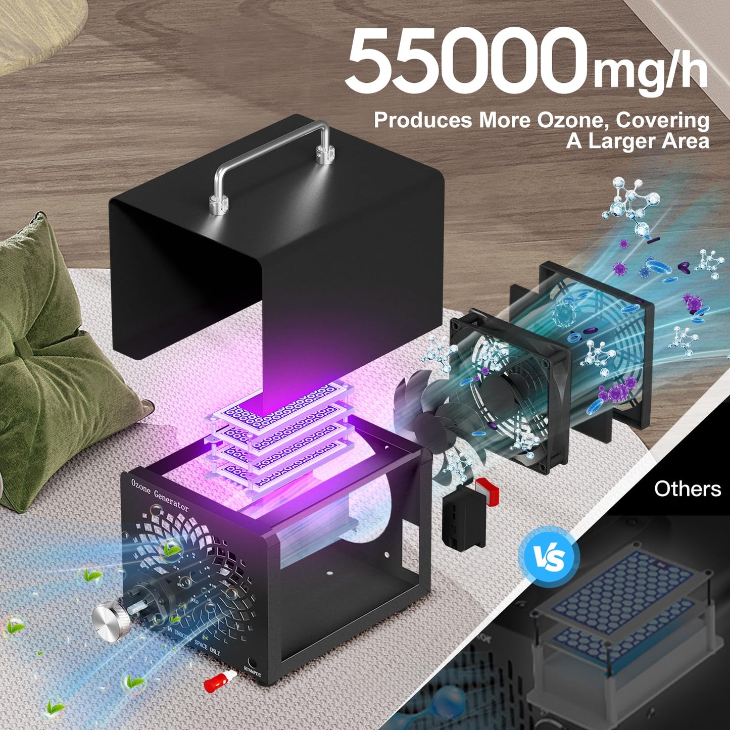 2025 Latest Ozone Generator, High Capacity Ozone Machine Odor Removal Up to 6000 Sq.Ft, for Car/Home/Smoke/Pet Odor, Black