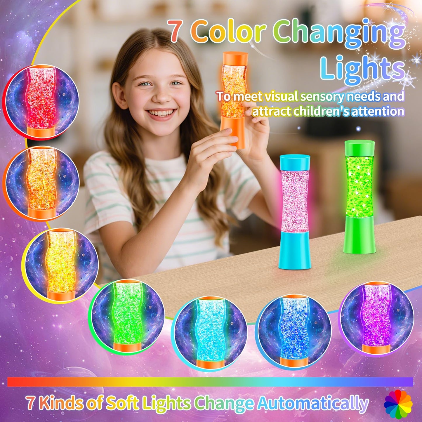 Subao 3 Pack Sensory Toys, Light-Up Sensorys Fidget Tubes Toy for Autism & ADHD, Autism Sensory Products, Autistic Claming Fidget Toys, Anxiety Stress Relief Gifts for Kids Teenagers Adults Boys Girls