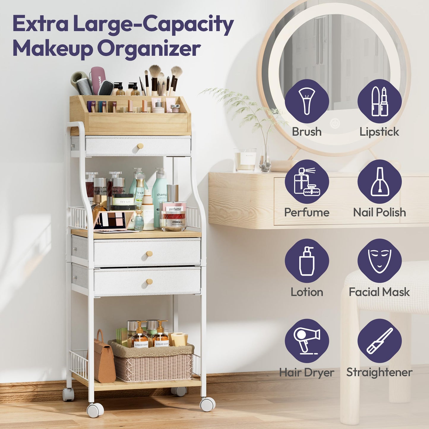 SWTYMIKI Rolling Makeup Organizer Cart - Floor Skincare Storage with Non-woven Drawers, Vanity Organizer Cosmetic Display Cases with Wheels, Cabinet for Skin Care Perfume Nail Polish Brush Hair Tool