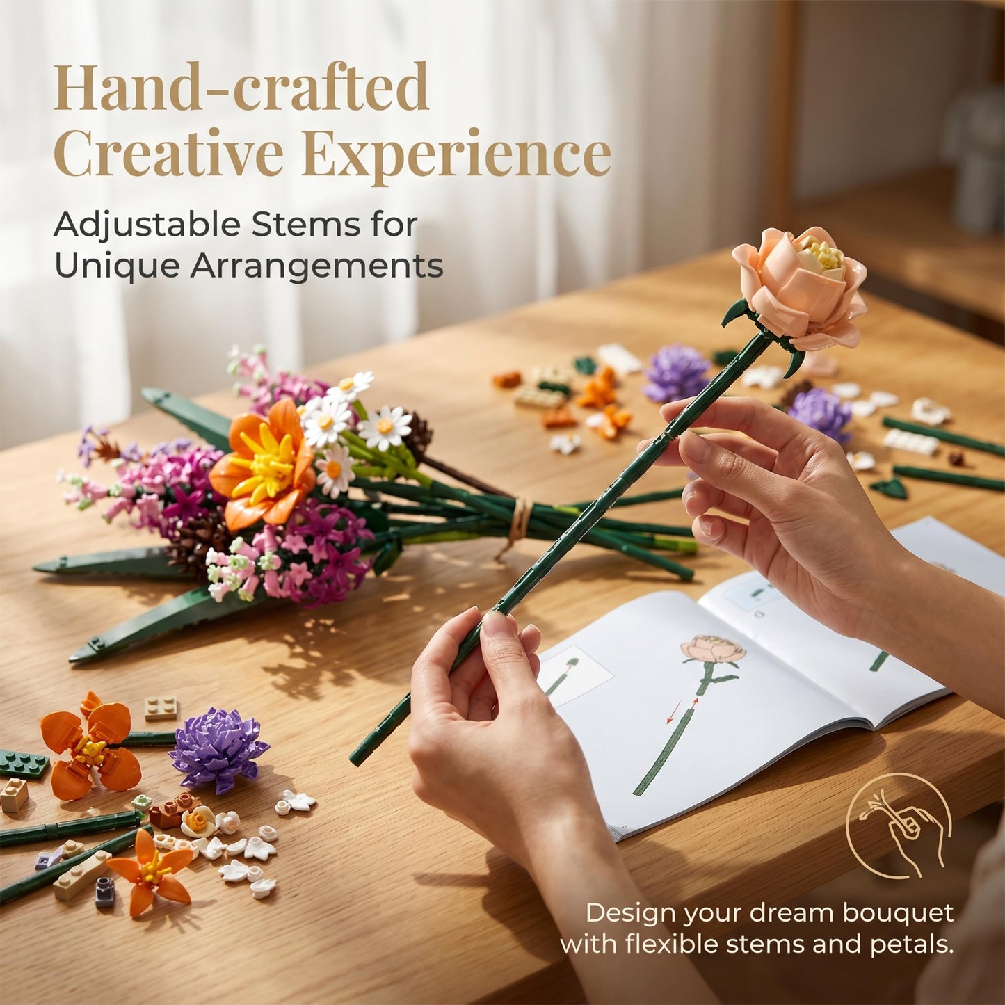 Loyratche Champagne Flower Bouquet Building Set, Compatible with Lego Flowers for Adults, Artificial Botanical Collection Kit for Valentines Day Mother's Gifts Home Room Desk Shelf Decor