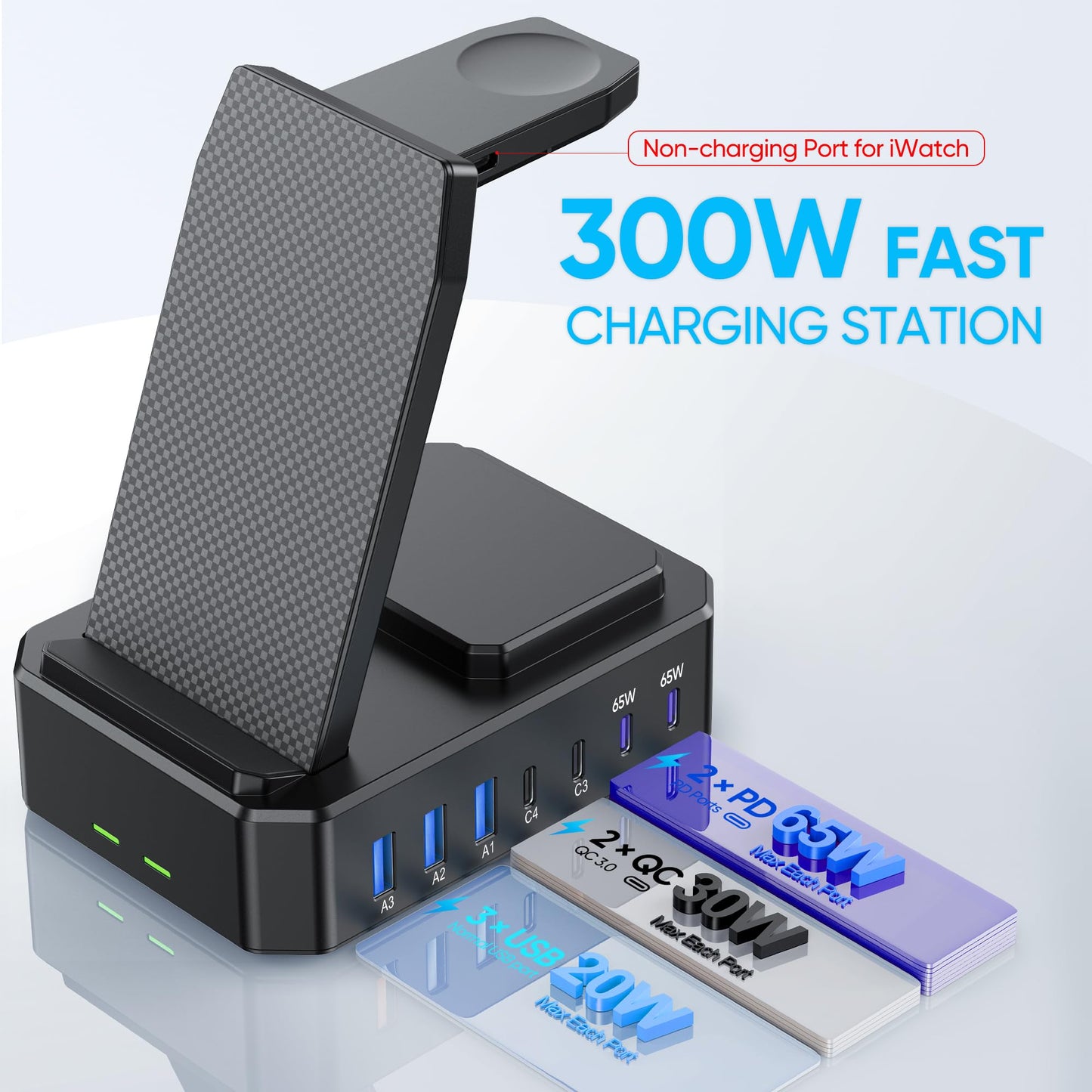 300W Charging Station for Multiple Devices Apple,10 in 1 Wireless Charger for iPhone,GaN III USB C 65W PD Fast Charging Stand Dock for MacBook,Apple Watch&Airpods (Wireless Charging Only for Apple)